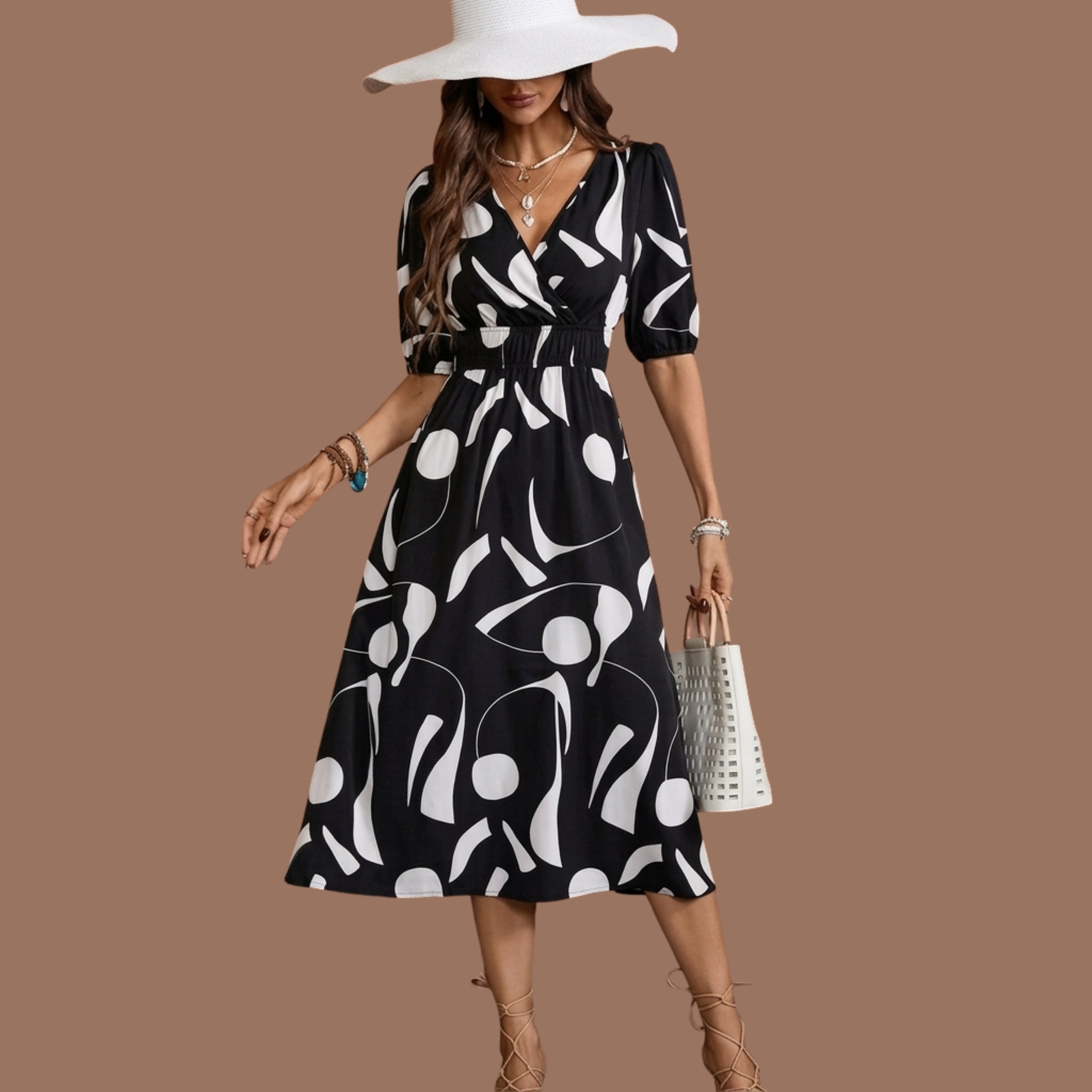 Black & White Abstract Print Midi Dress for Women