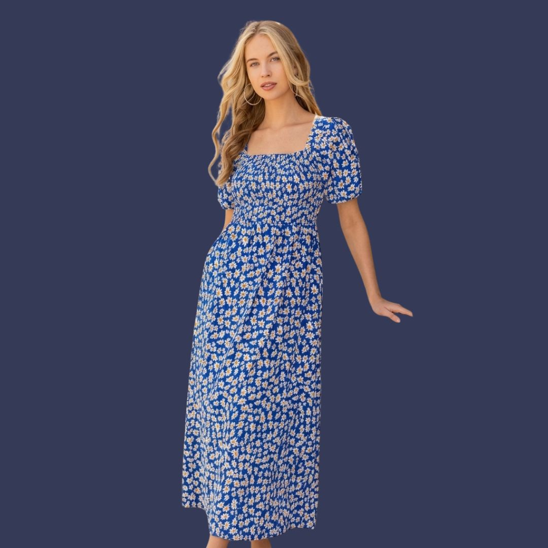 Blue Floral Smocked Midi Dress for Women