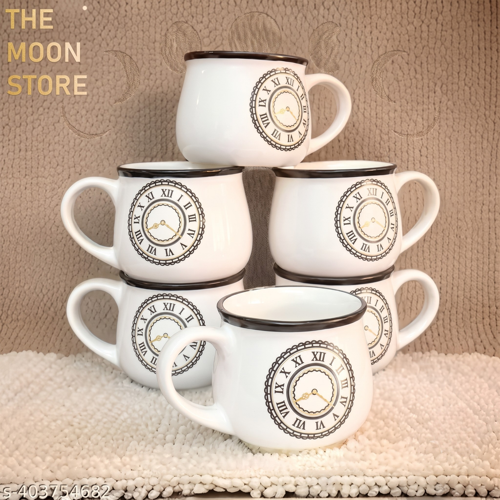 Set of 6 White Ceramic Tea & Coffee Cups with Clock Print | 200ml, Microwave Safe Kitchen Drinkware