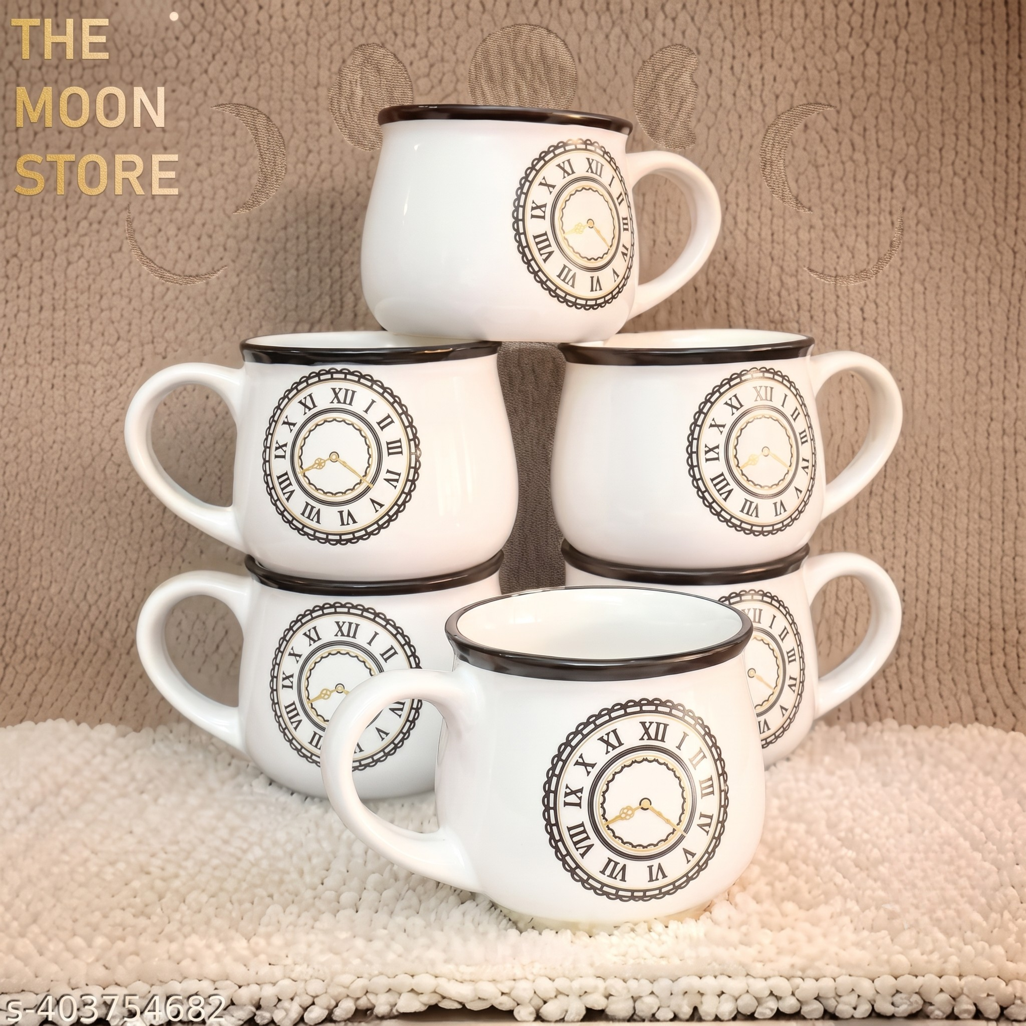 Set of 6 White Ceramic Tea & Coffee Cups with Clock Print | 200ml, Microwave Safe Kitchen Drinkware