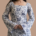 Women's White & Blue Floral Printed Short Kurti | Square Neck Bell Sleeve Cotton Tunic Top | Casual & Party Wear