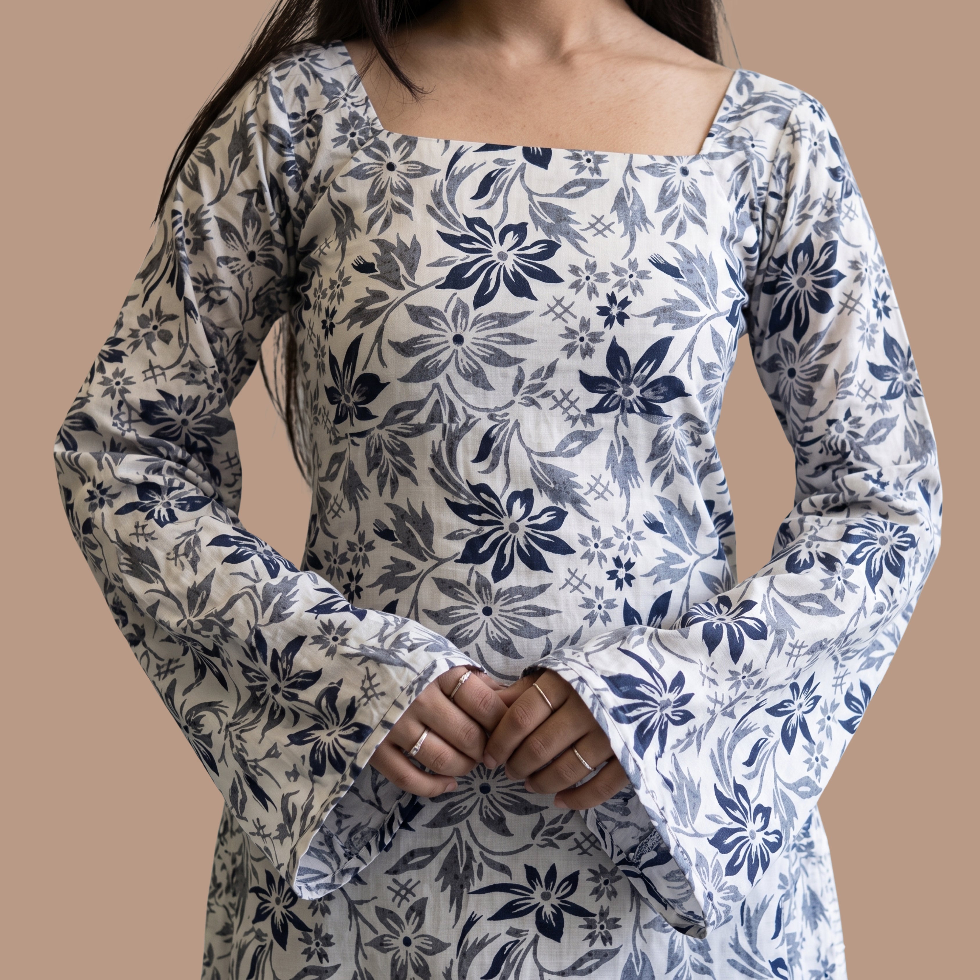 Women's White & Blue Floral Printed Short Kurti | Square Neck Bell Sleeve Cotton Tunic Top | Casual & Party Wear