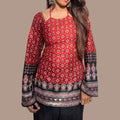 Women's Red Printed Short Kurti | Boho Bell Sleeve Ethnic Tunic Top with Back Tie-Up & Border Print