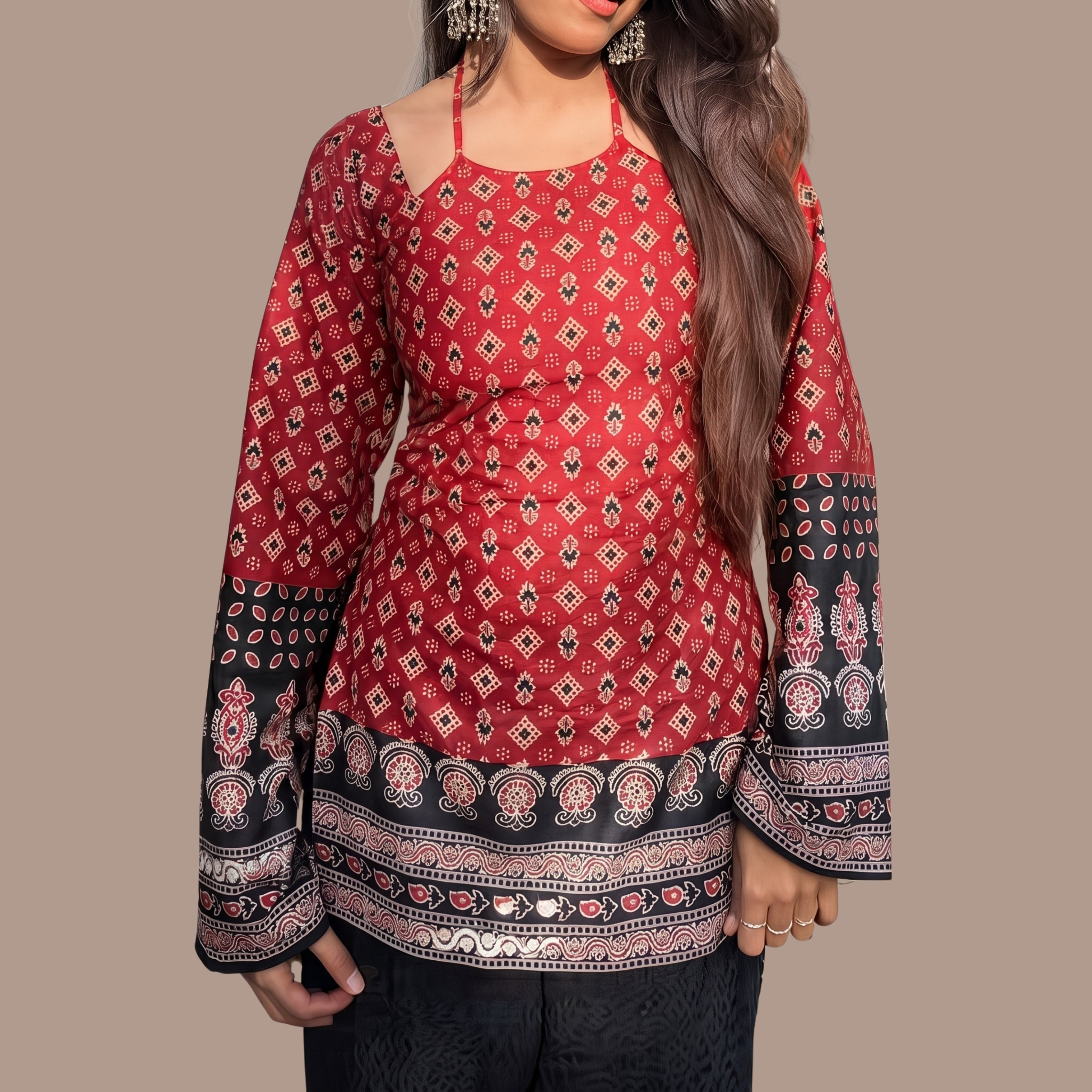 Women's Red Printed Short Kurti | Boho Bell Sleeve Ethnic Tunic Top with Back Tie-Up & Border Print