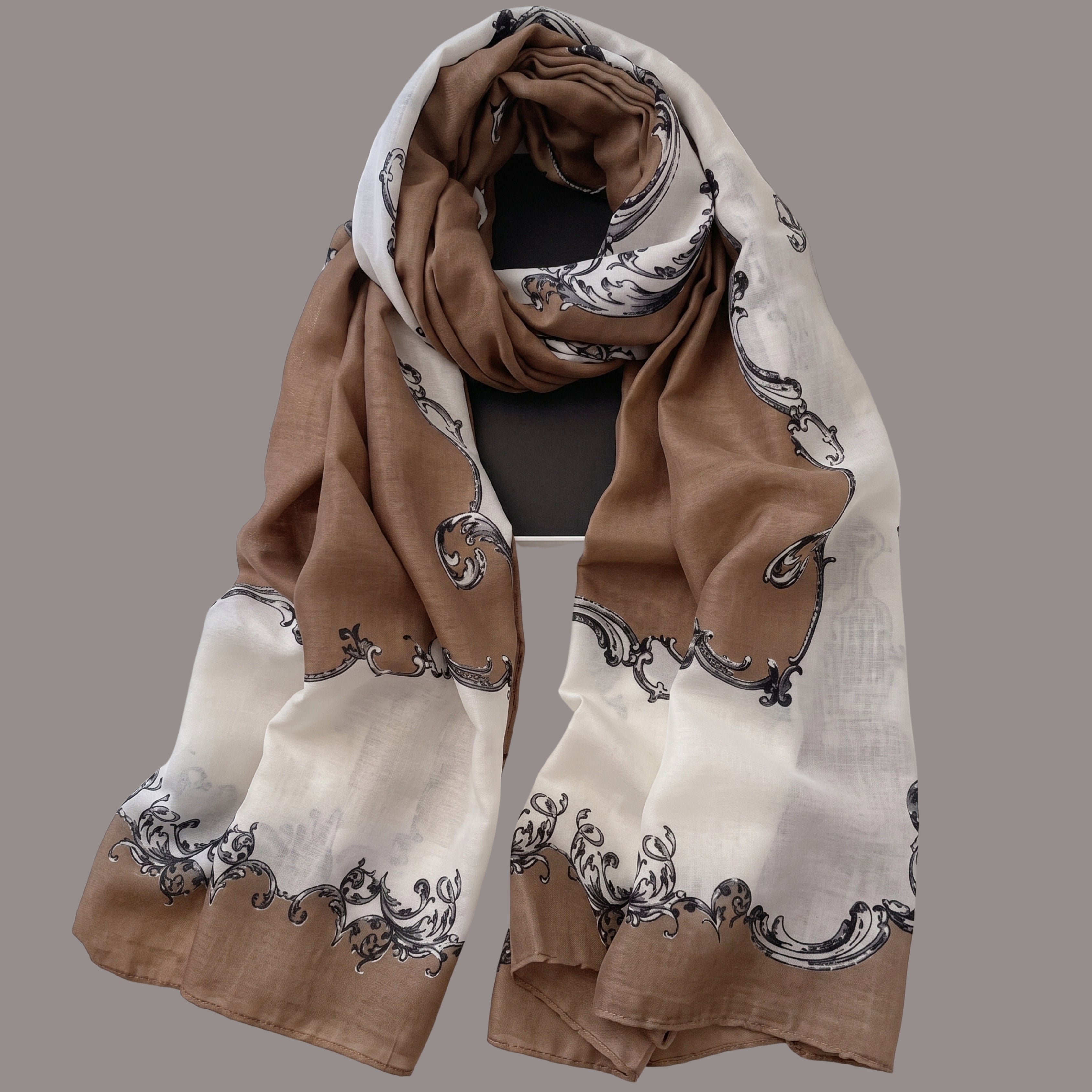 Elegant Camel & Ivory Vintage Print Scarf for Women