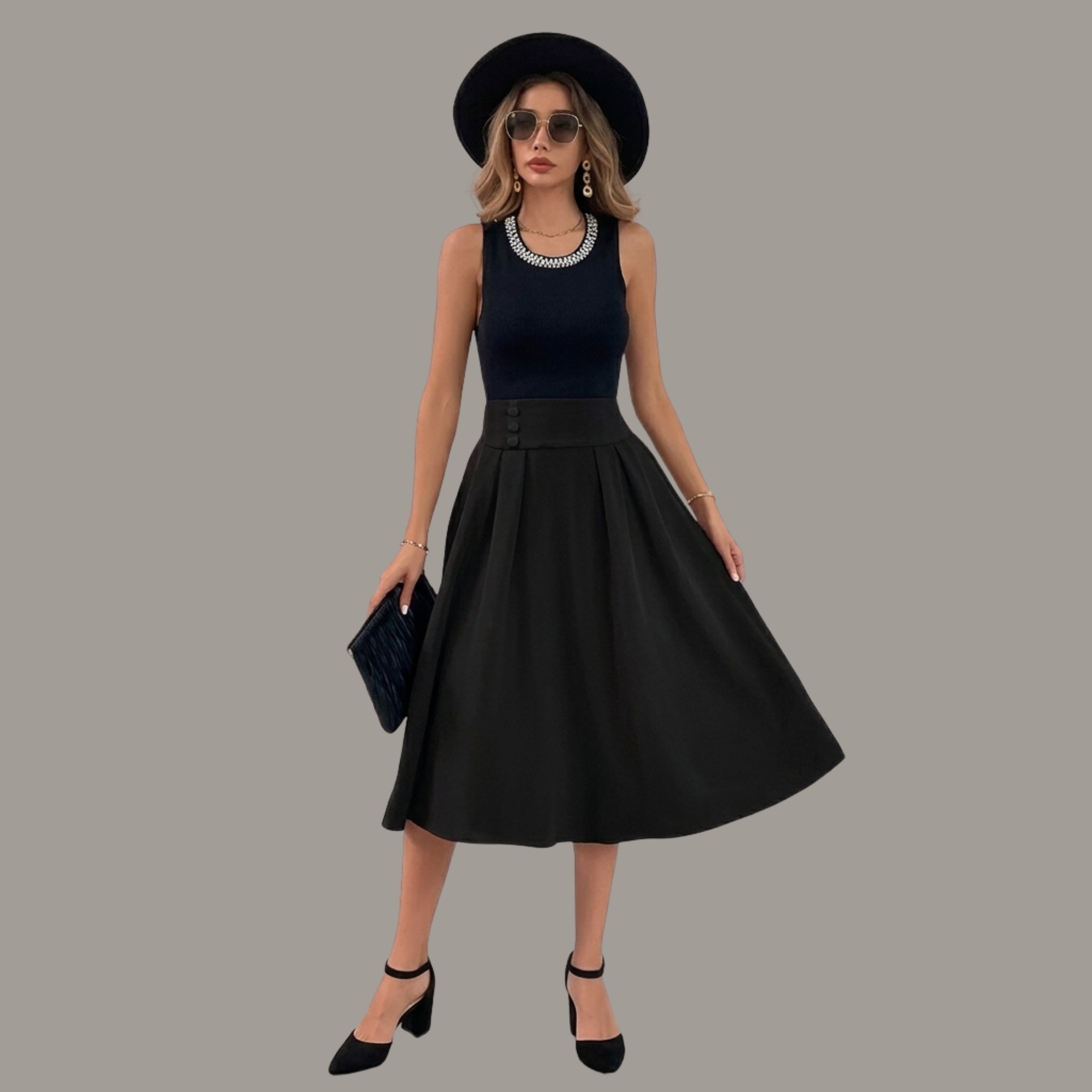 Korean Style High Waist A-Line Midi Skirt for Women | Elegant Flared Black Skirt
