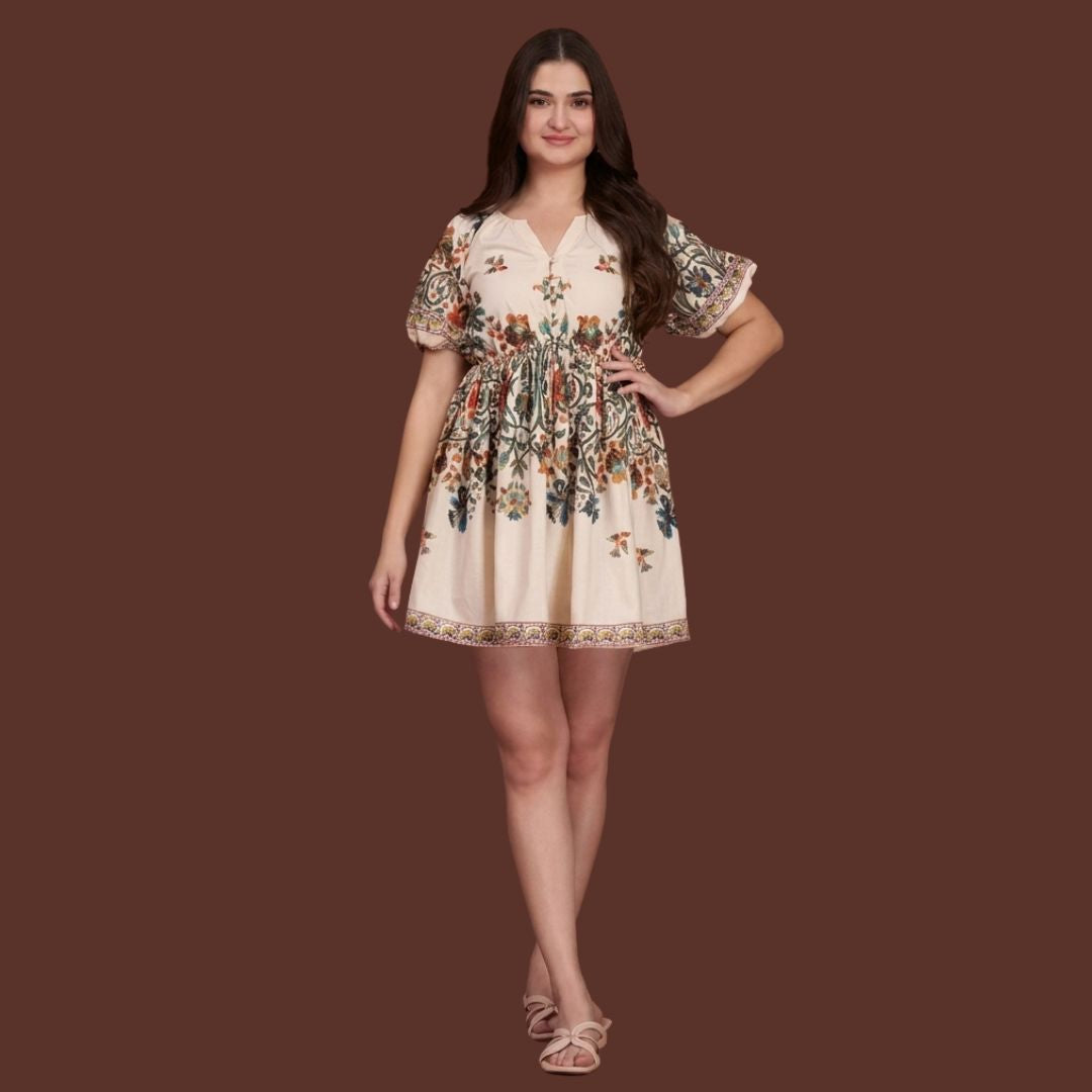 Boho Bloom Floral Print Mini Dress for Women – Cream Short Sleeve Summer Dress