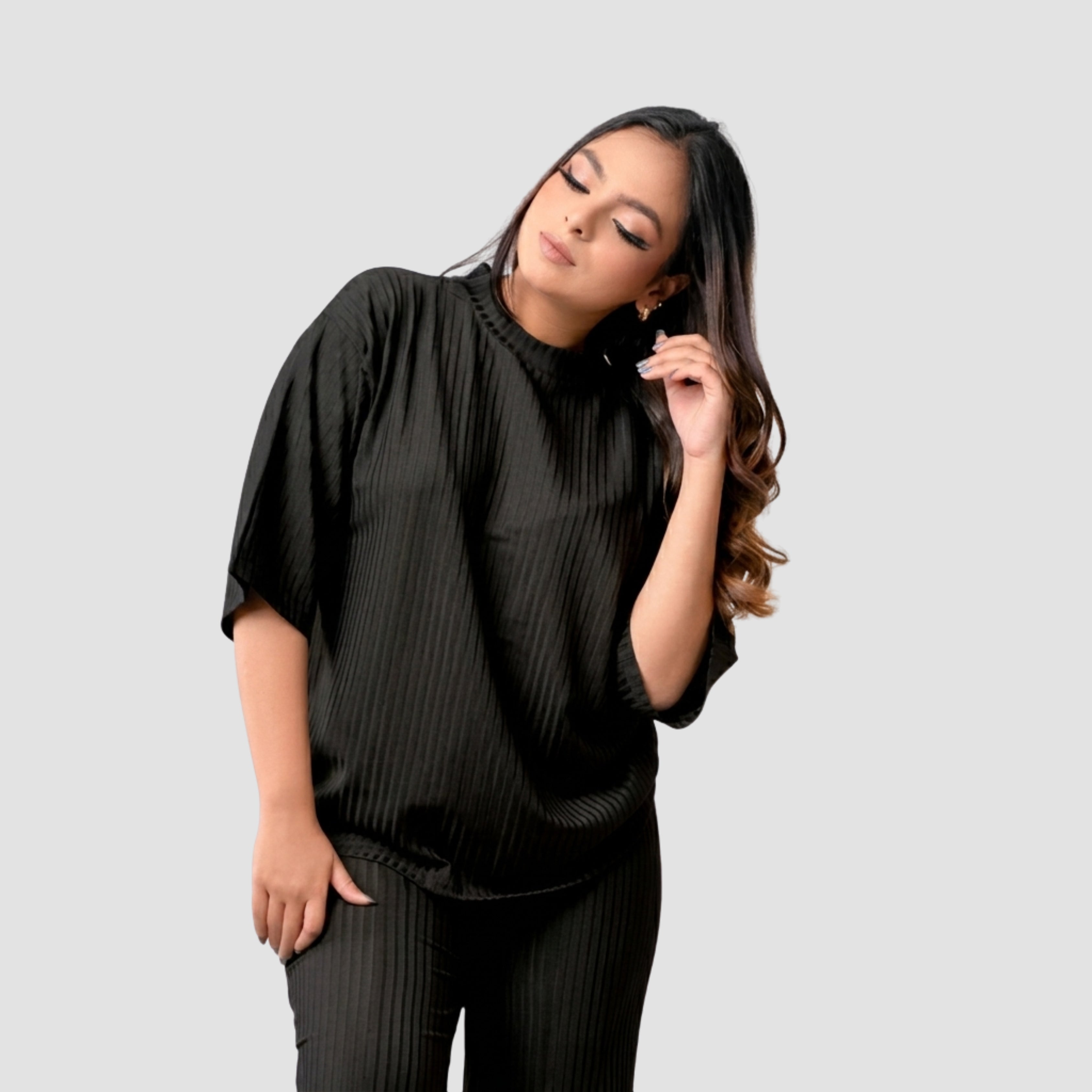 Women's Ribbed Co-Ord Set | Oversized Half Sleeve Top & Straight Fit Slit Pants | Casual Lounge Wear