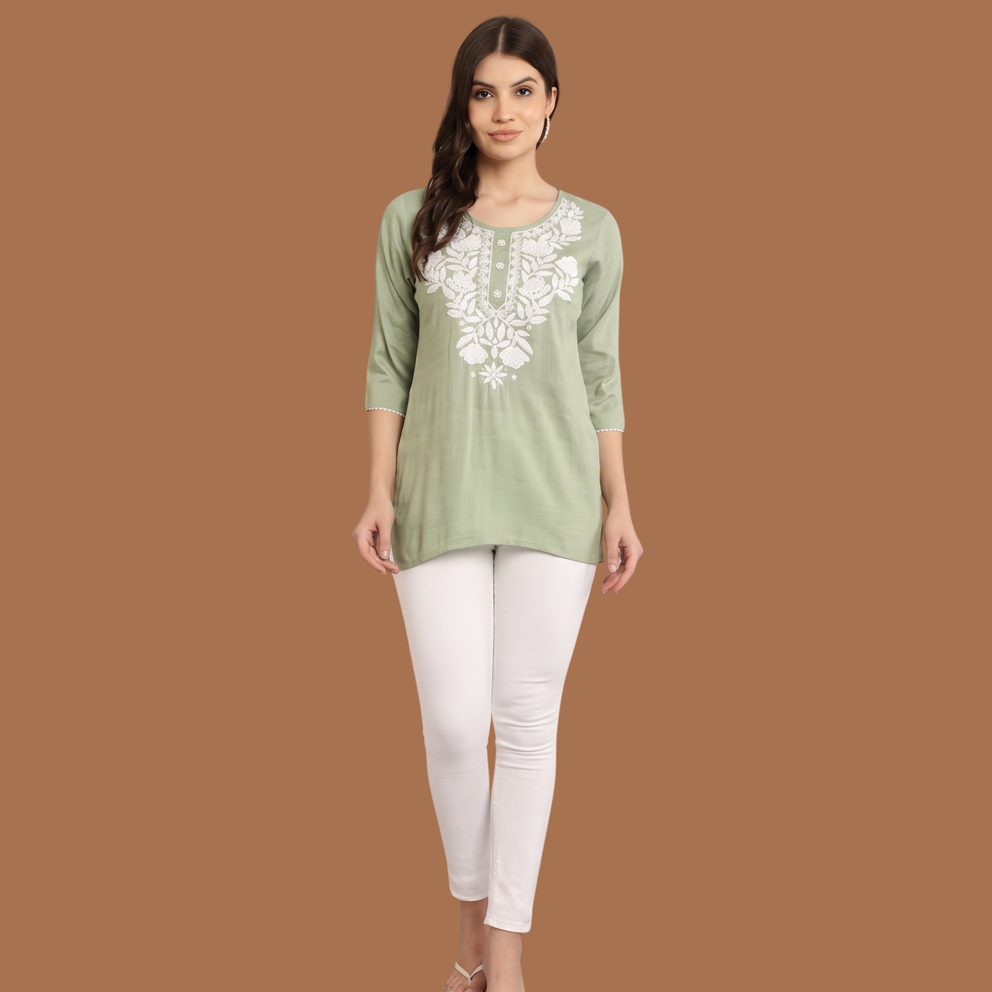 Women's  Green Embroidered Short Kurti | White Floral Embroidery Ethnic Top | Casual & Office Wear