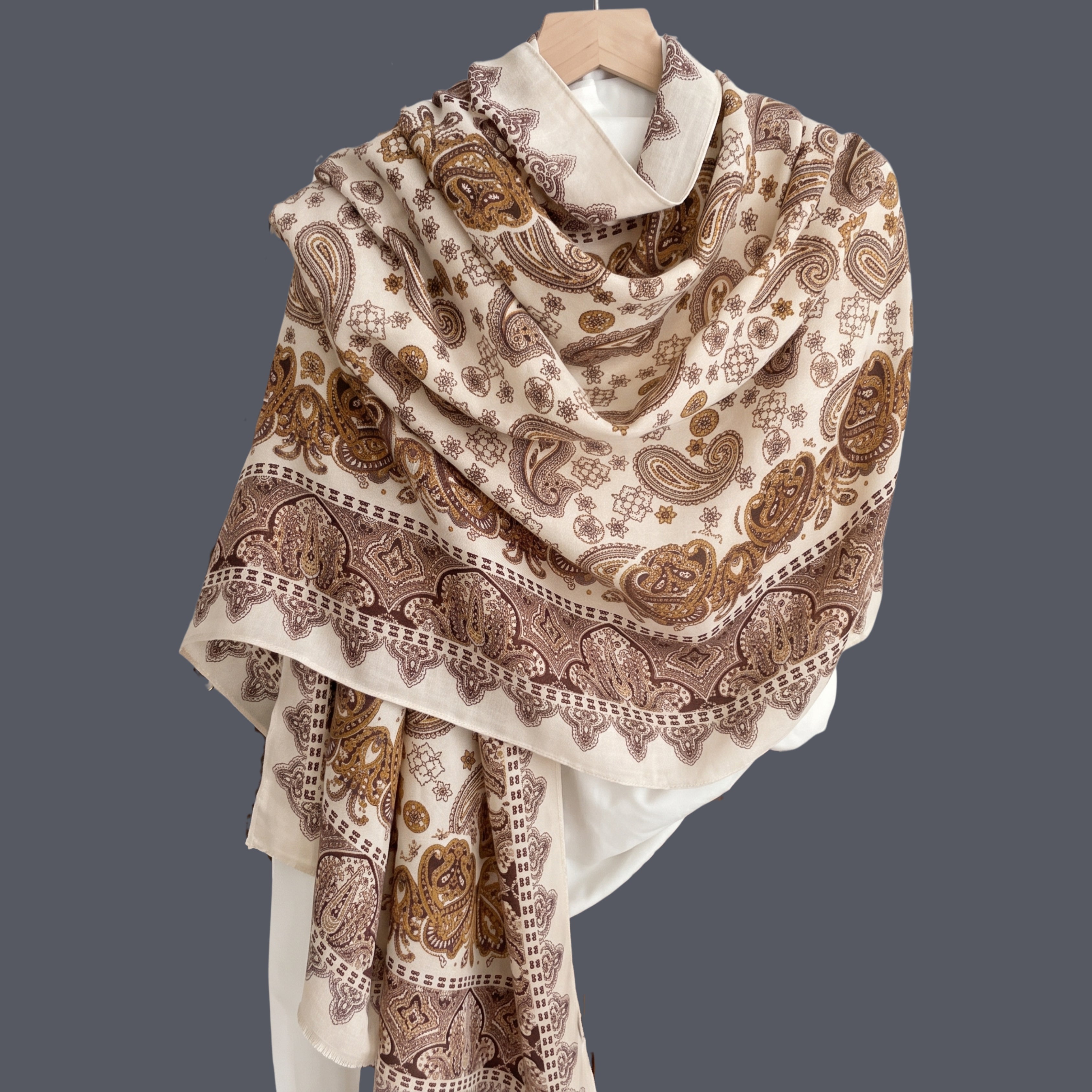 Elegant Beige Paisley Print Soft Winter Scarf for Women | Premium Warm Shawl & Wrap