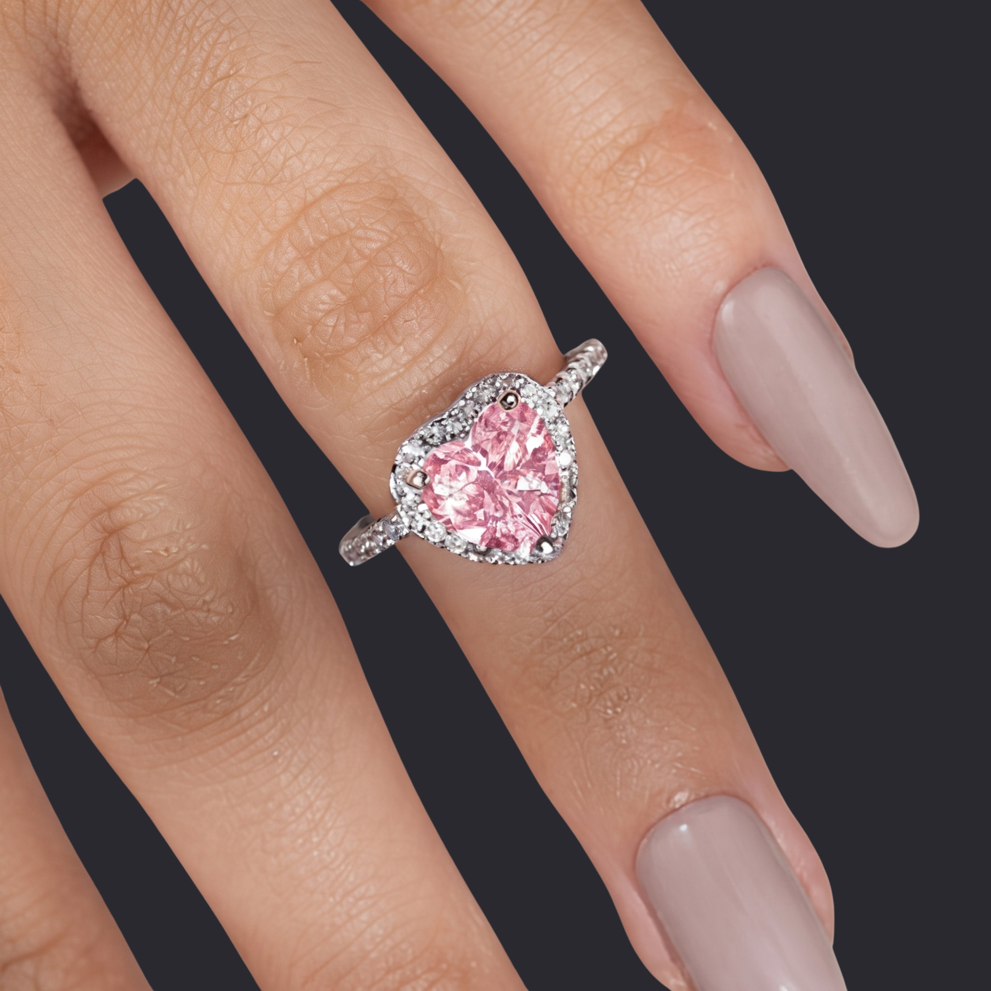 Blush Pink Heart Crystal Ring for Women | Adjustable Anti-Tarnish Silver Ring