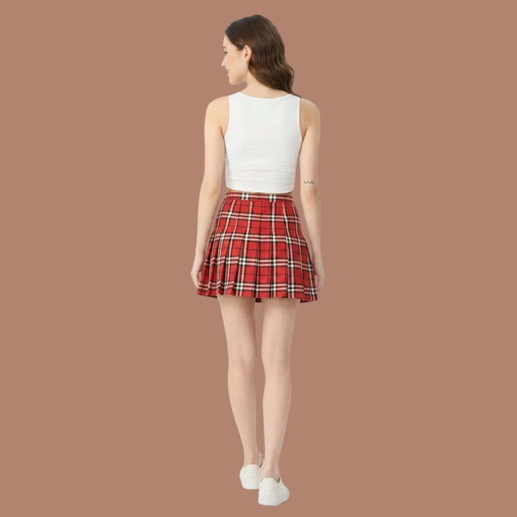 Korean Style Red Plaid Pleated Mini Skirt for Women | High Waist A-Line Tennis Skirt | Nine99 Store