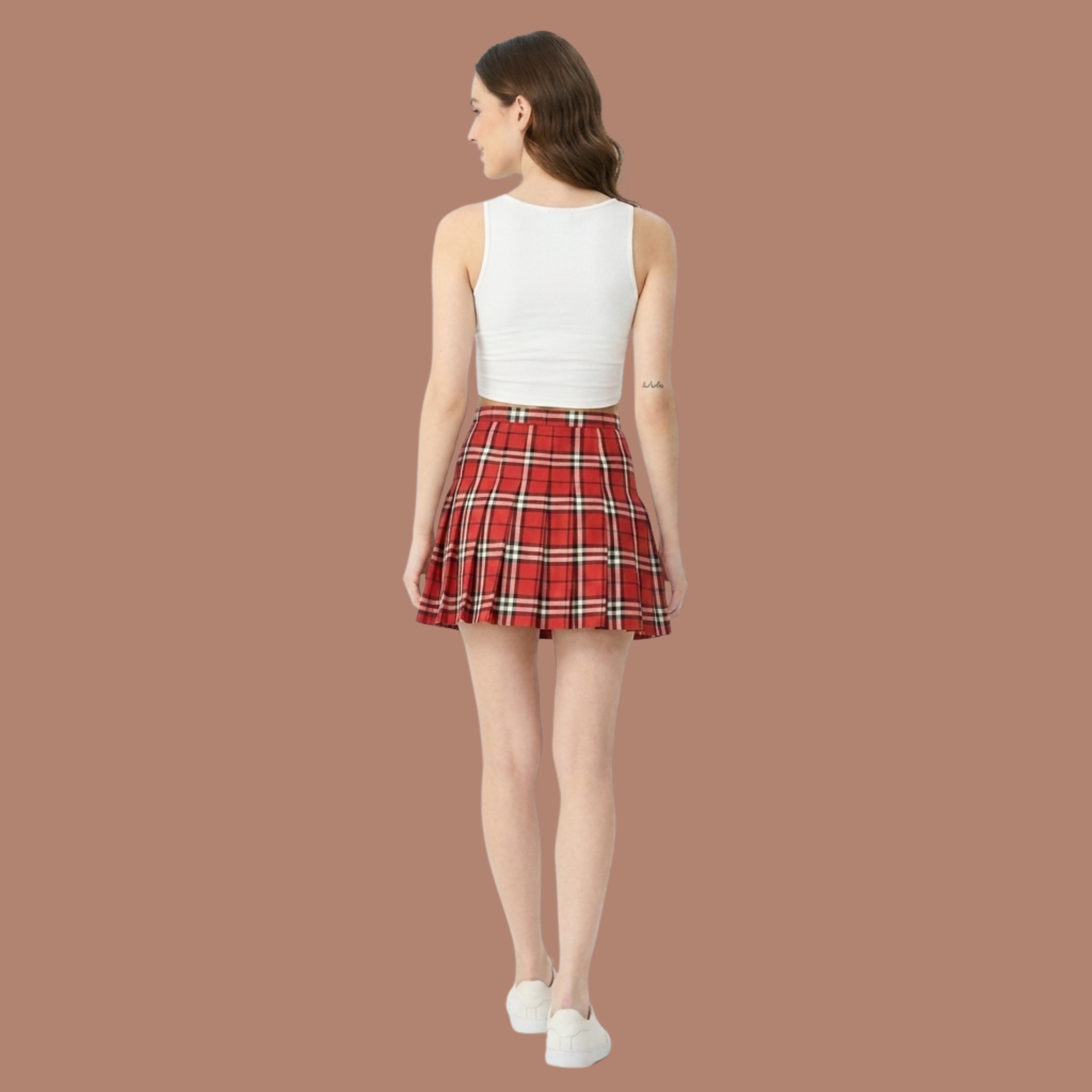 Korean Style Red Plaid Pleated Mini Skirt for Women | High Waist A-Line Tennis Skirt | Nine99 Store