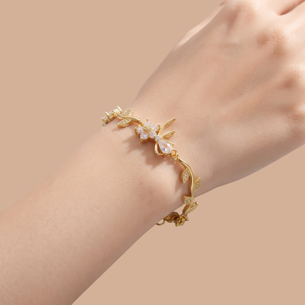 Floral Bow Adjustable Bracelet for Women | Anti-Tarnish Leaf Bracelet