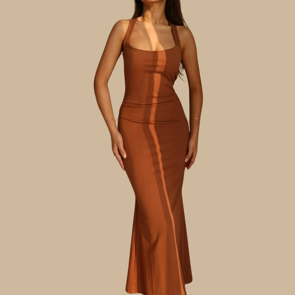 Rust Brown Open Back Maxi Dress with Bow Detail - Bodycon Evening Dress for Women