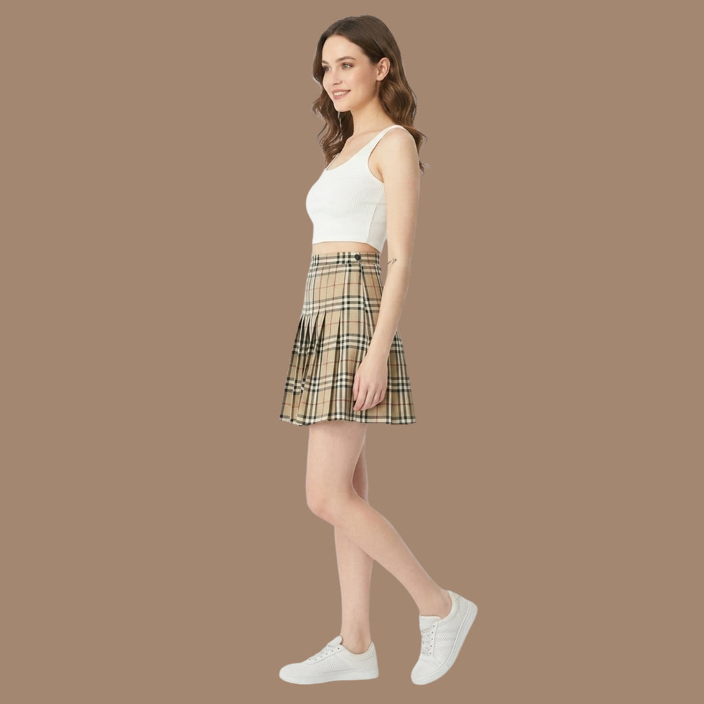 Korean Style Beige Plaid Pleated Mini Skirt for Women | High Waist A-Line Tennis Skirt | Nine99 Store