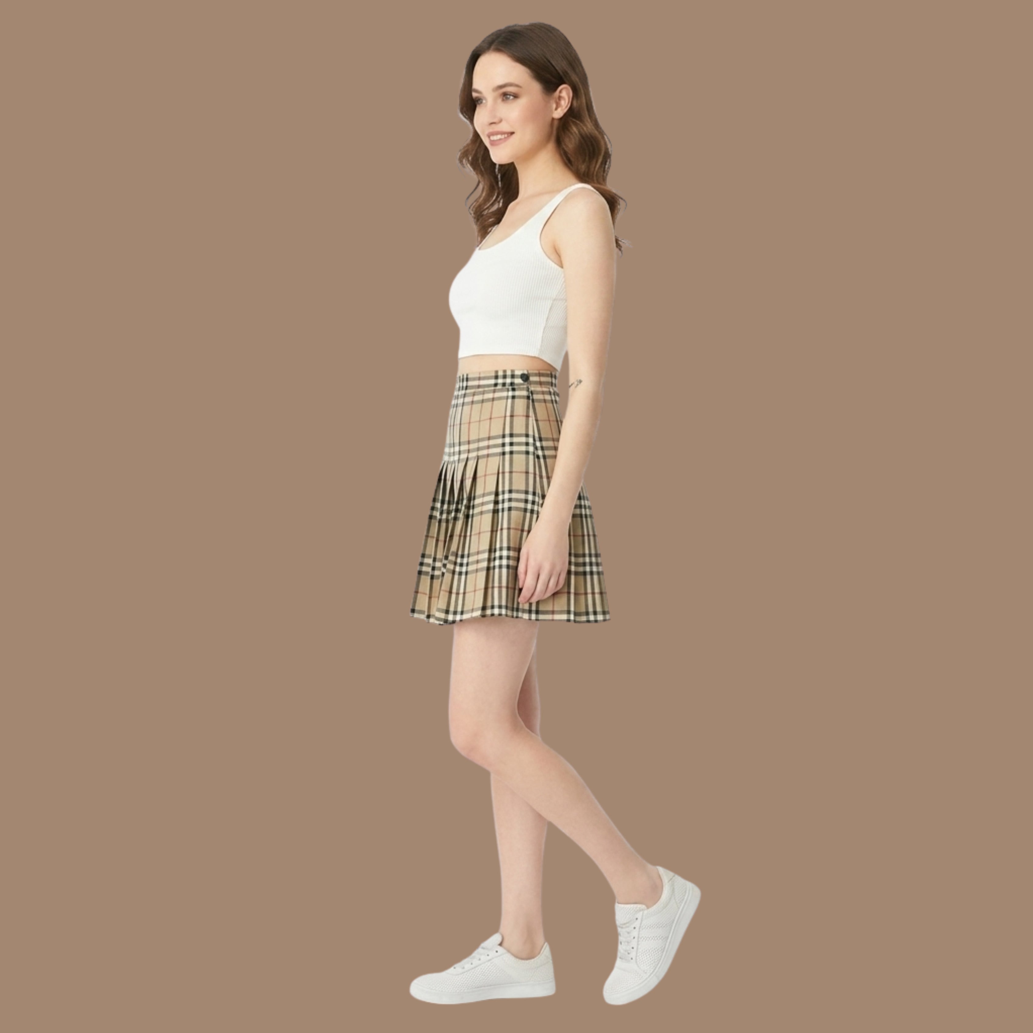 Korean Style Beige Plaid Pleated Mini Skirt for Women | High Waist A-Line Tennis Skirt | Nine99 Store