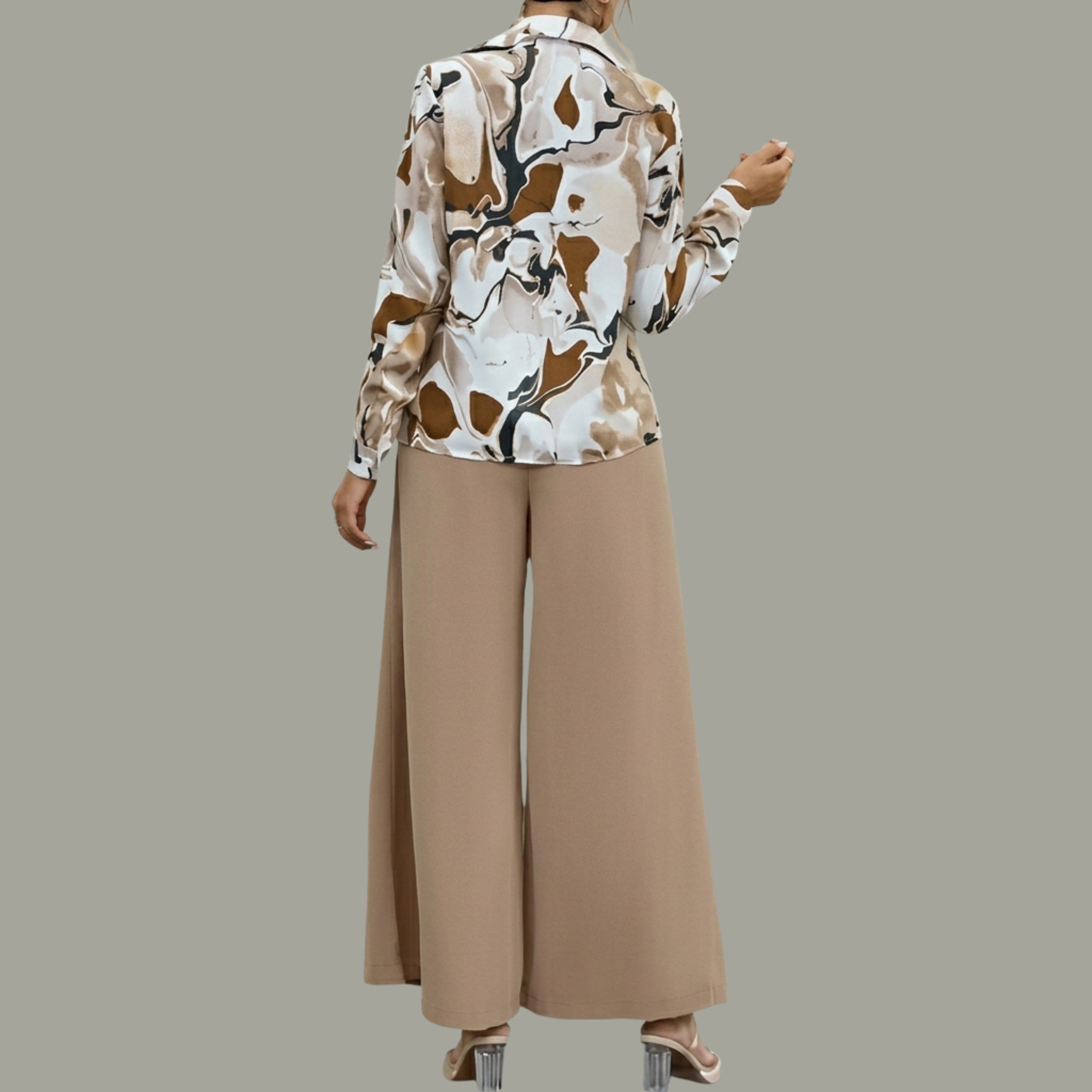 Women's Beige Printed Shirt & High-Waist Wide Leg Pants Co-Ord Set | Elegant Casual Two-Piece Outfit