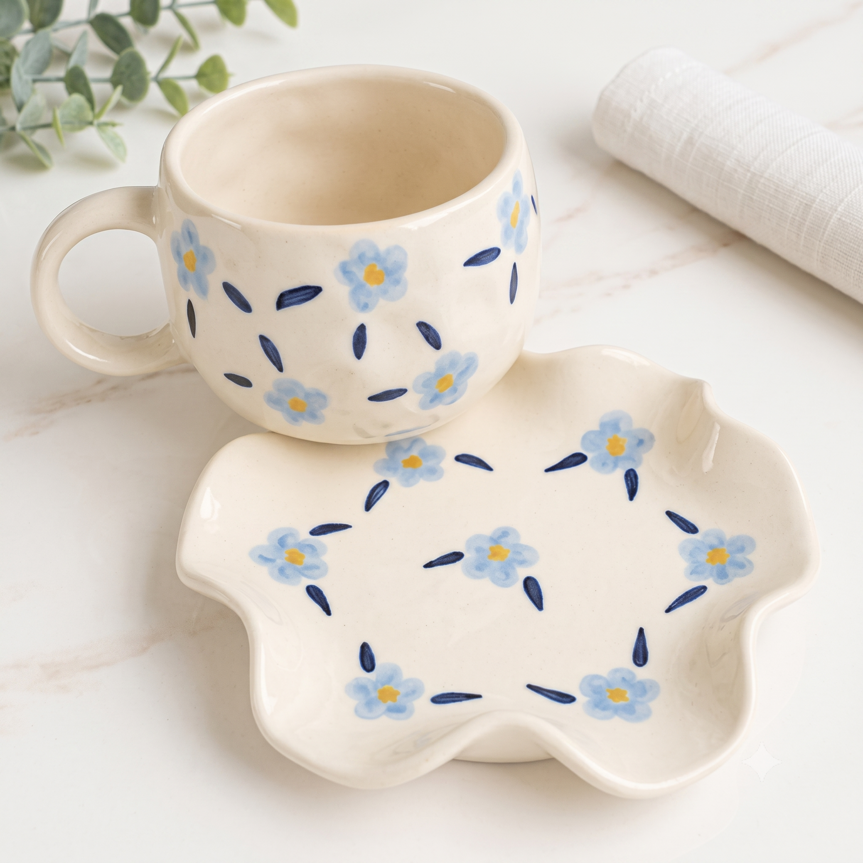 Elegant Cream Ceramic Floral Cup & Wavy Saucer Set | 300ml