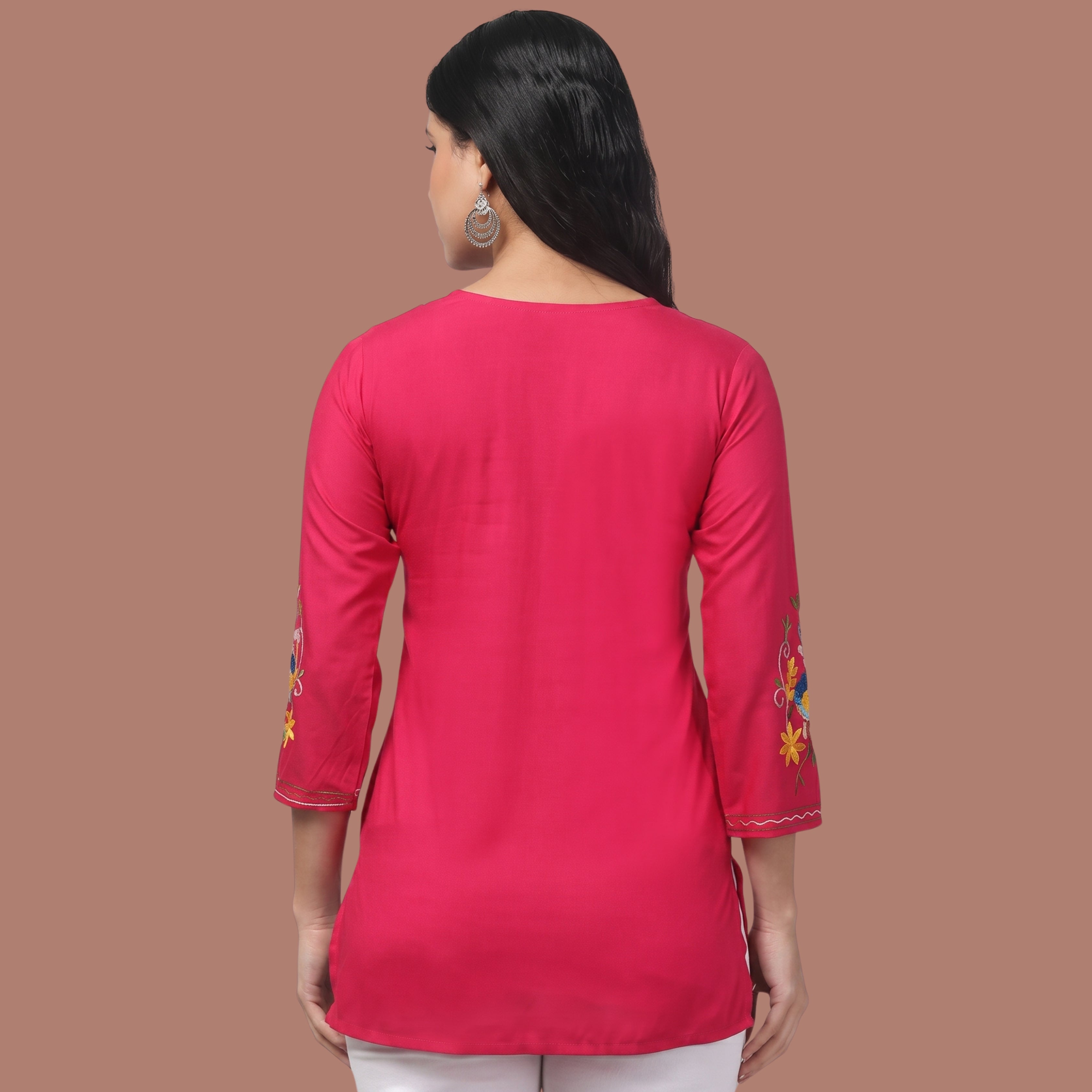 Women's Hot Pink Floral Embroidered Short Kurti | Casual, Office & Festive Wear