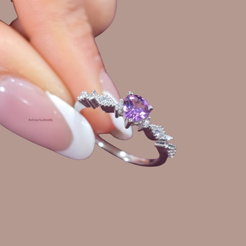 Adjustable Purple Heart Ring for Women | Anti-Tarnish Silver-Tone Statement Ring