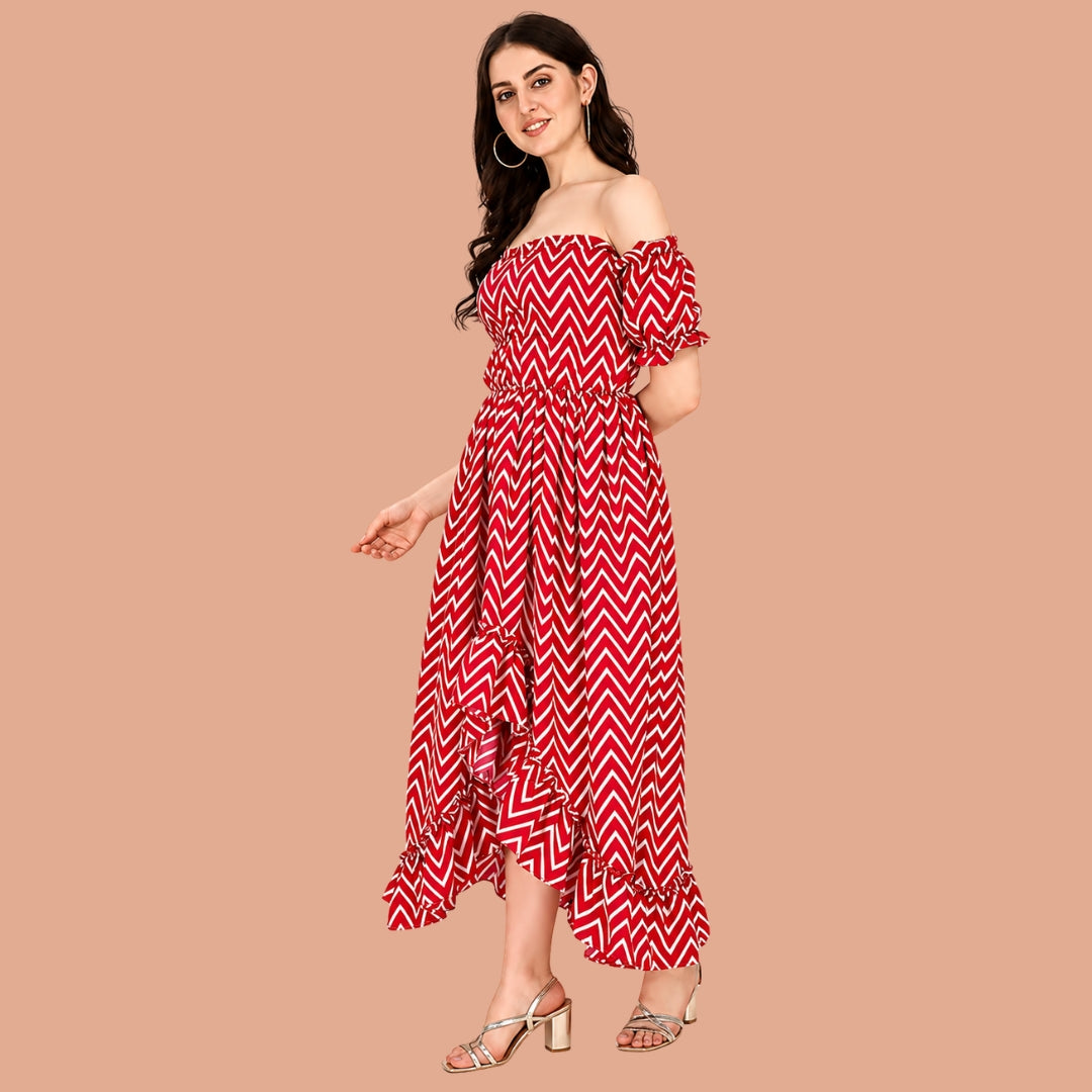 Red Chevron Print Off-Shoulder High-Low Maxi Dress