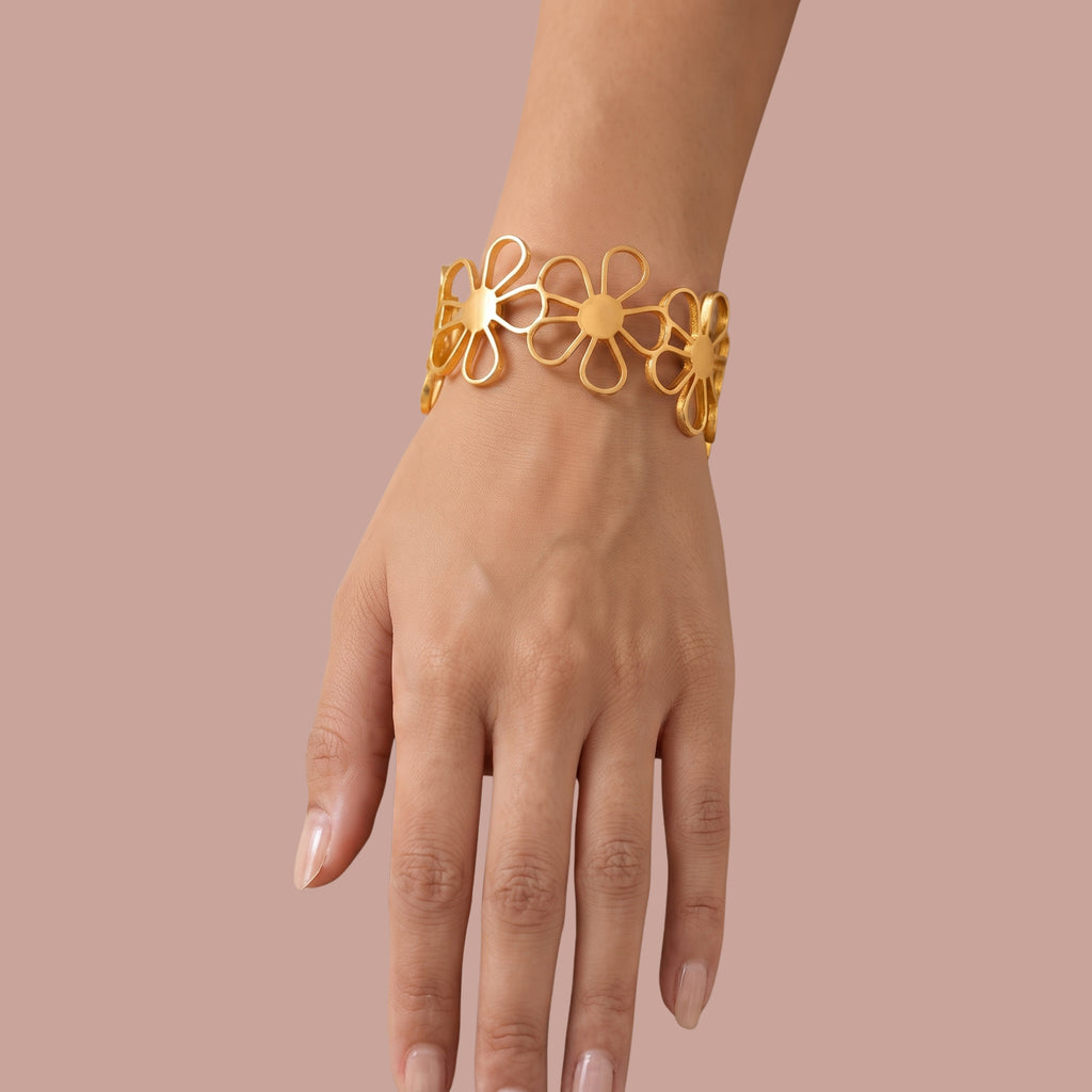 Minimalist Gold Flower Adjustable Bracelet for Women | Anti-Tarnish Floral Cuff Bracelet