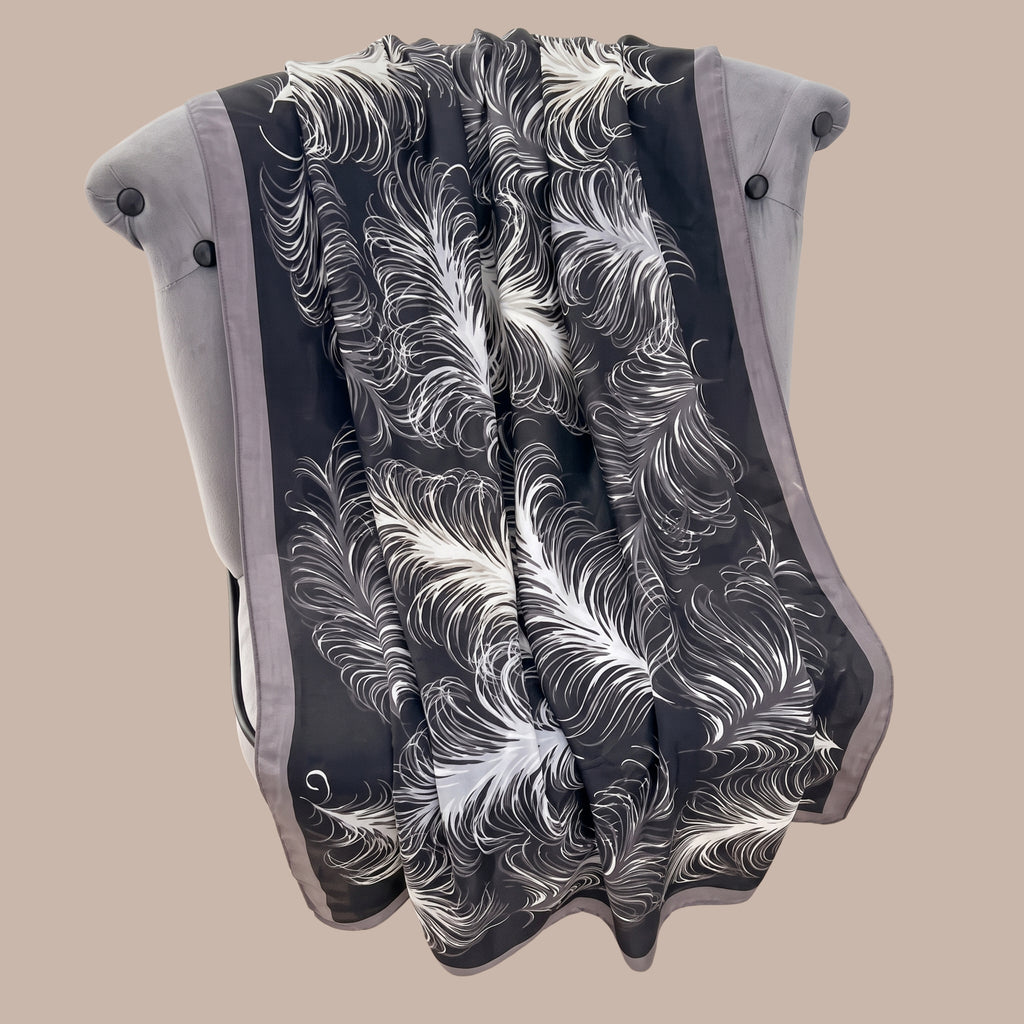Elegant Black Feather Print Scarf for Women | Soft Lightweight Korean Style Shawl, Wrap & Stole