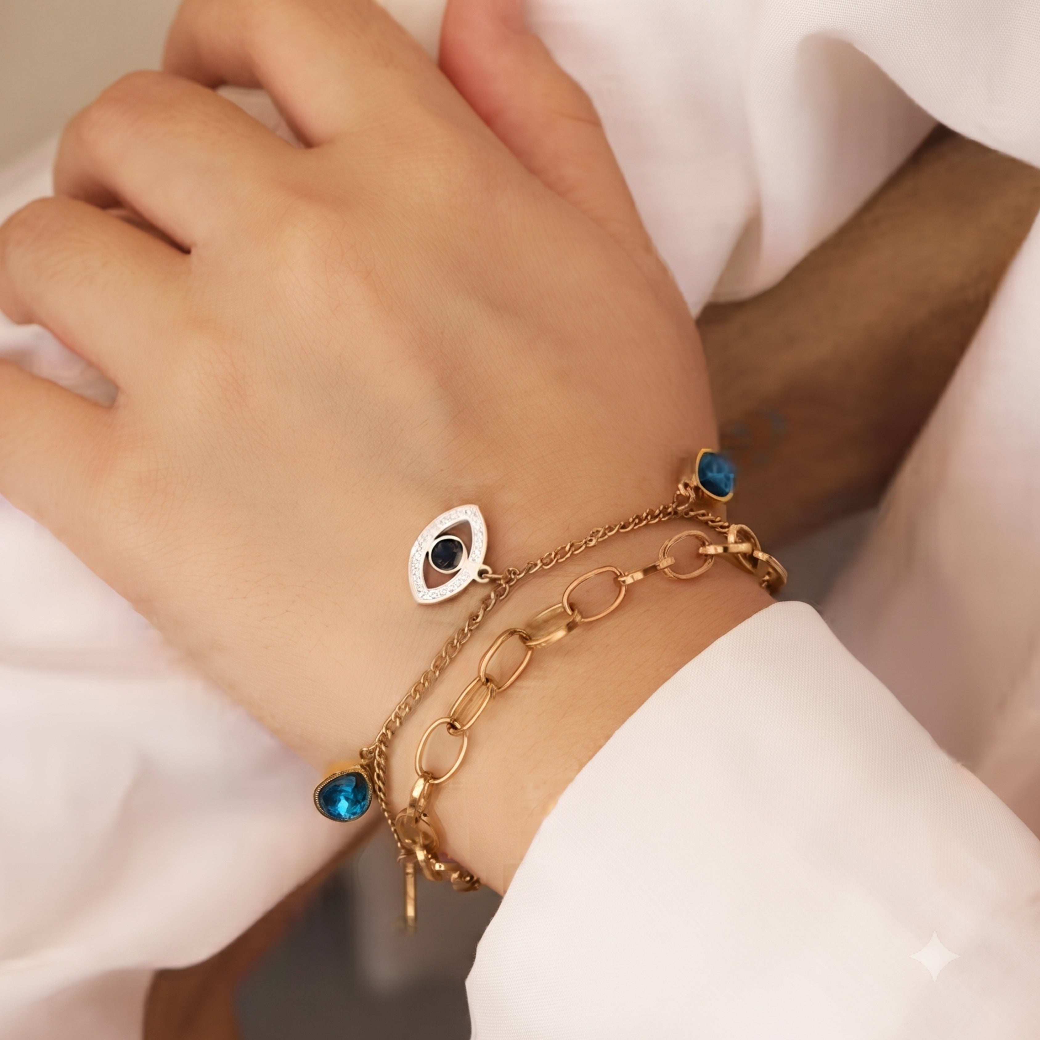 Gold Evil Eye Bracelet for Women | Adjustable Anti-Tarnish Layered Bracelet with Blue Crystal Charms