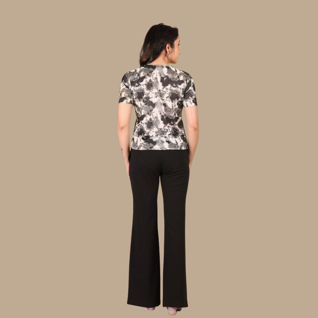 Women’s Black Printed Co-Ord Set | Abstract Print V-Neck Top with Black Flared Pants