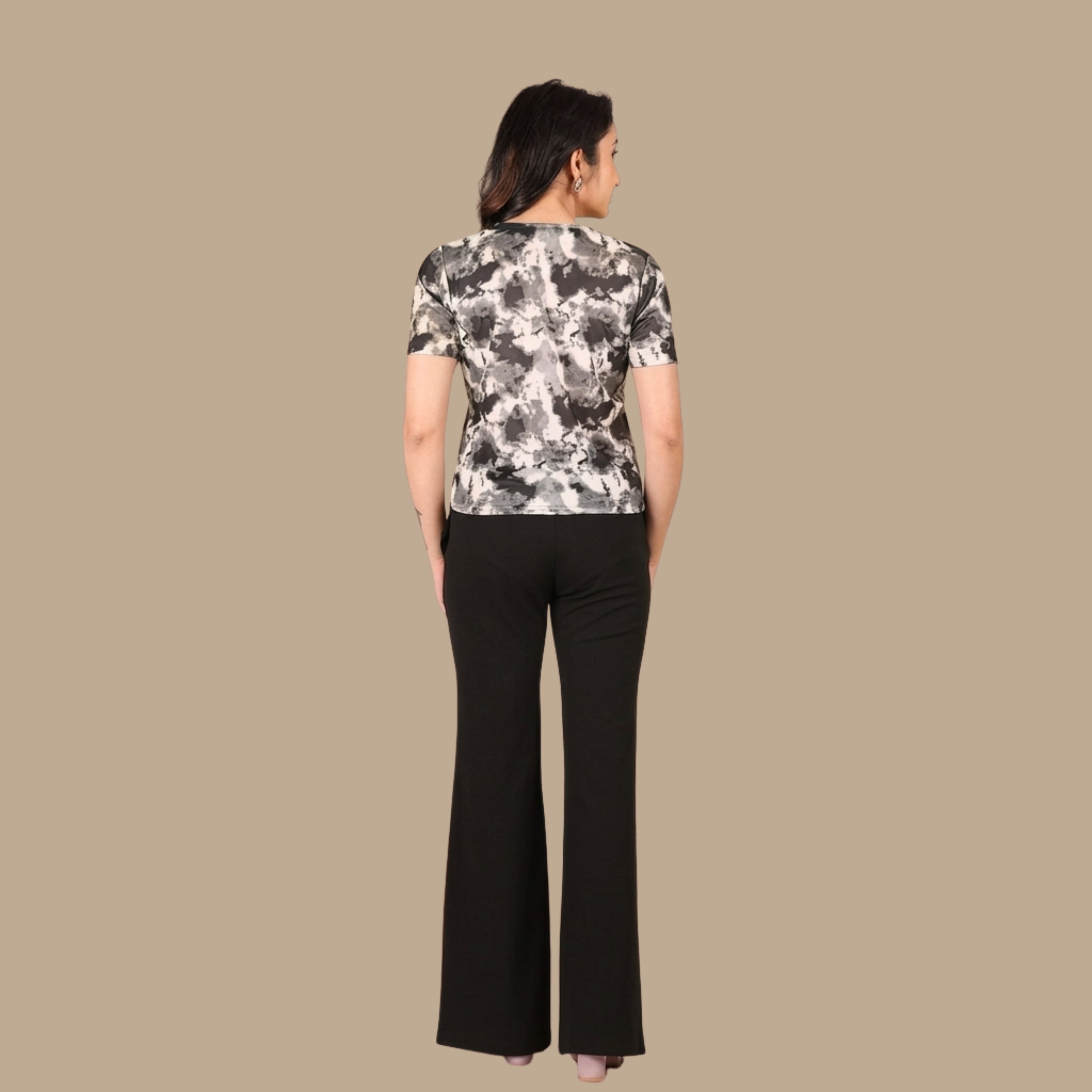 Women’s Black Printed Co-Ord Set | Abstract Print V-Neck Top with Black Flared Pants