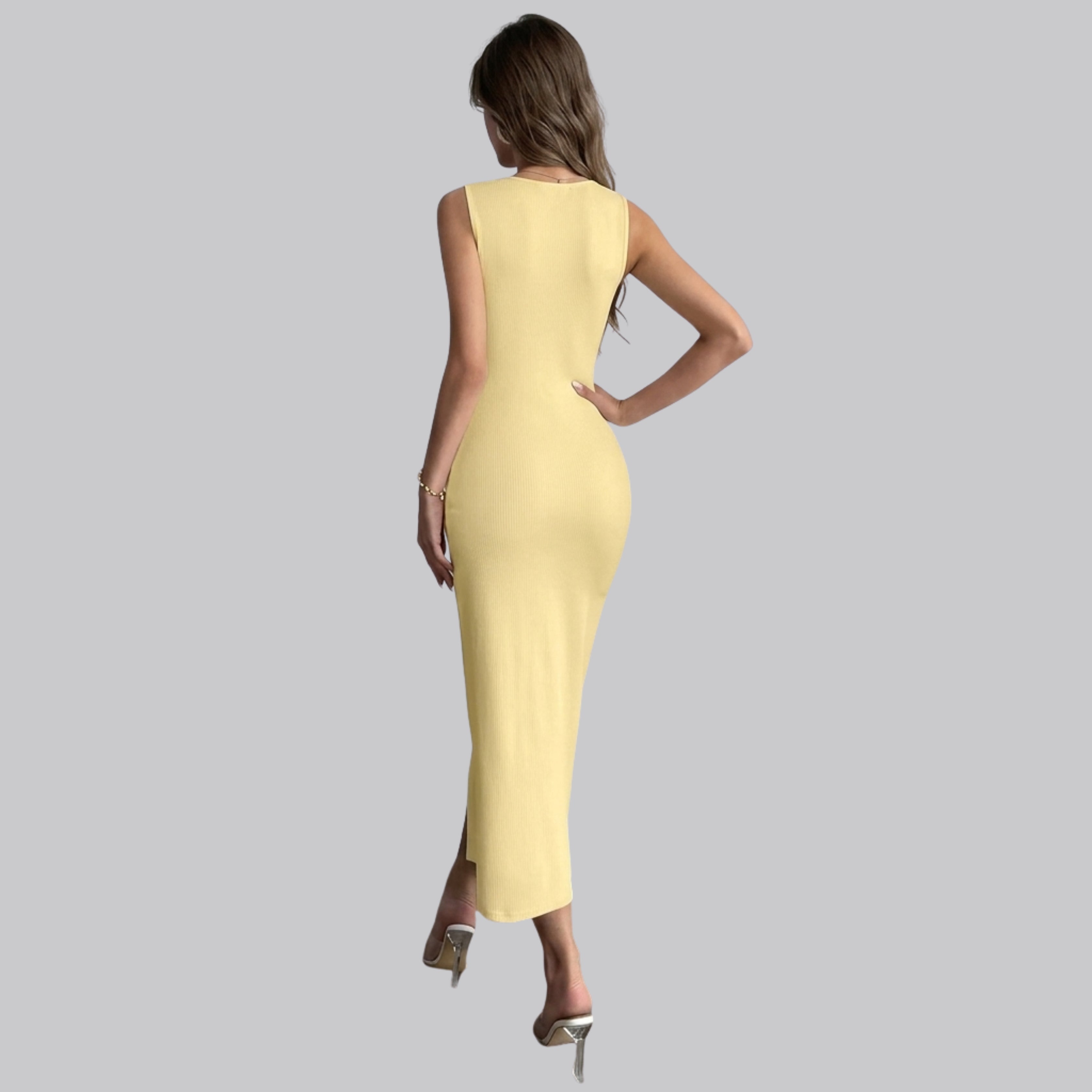 Women’s Yellow Square Neck Midi Dress with Front Slit -Elegant Bodycon Dress