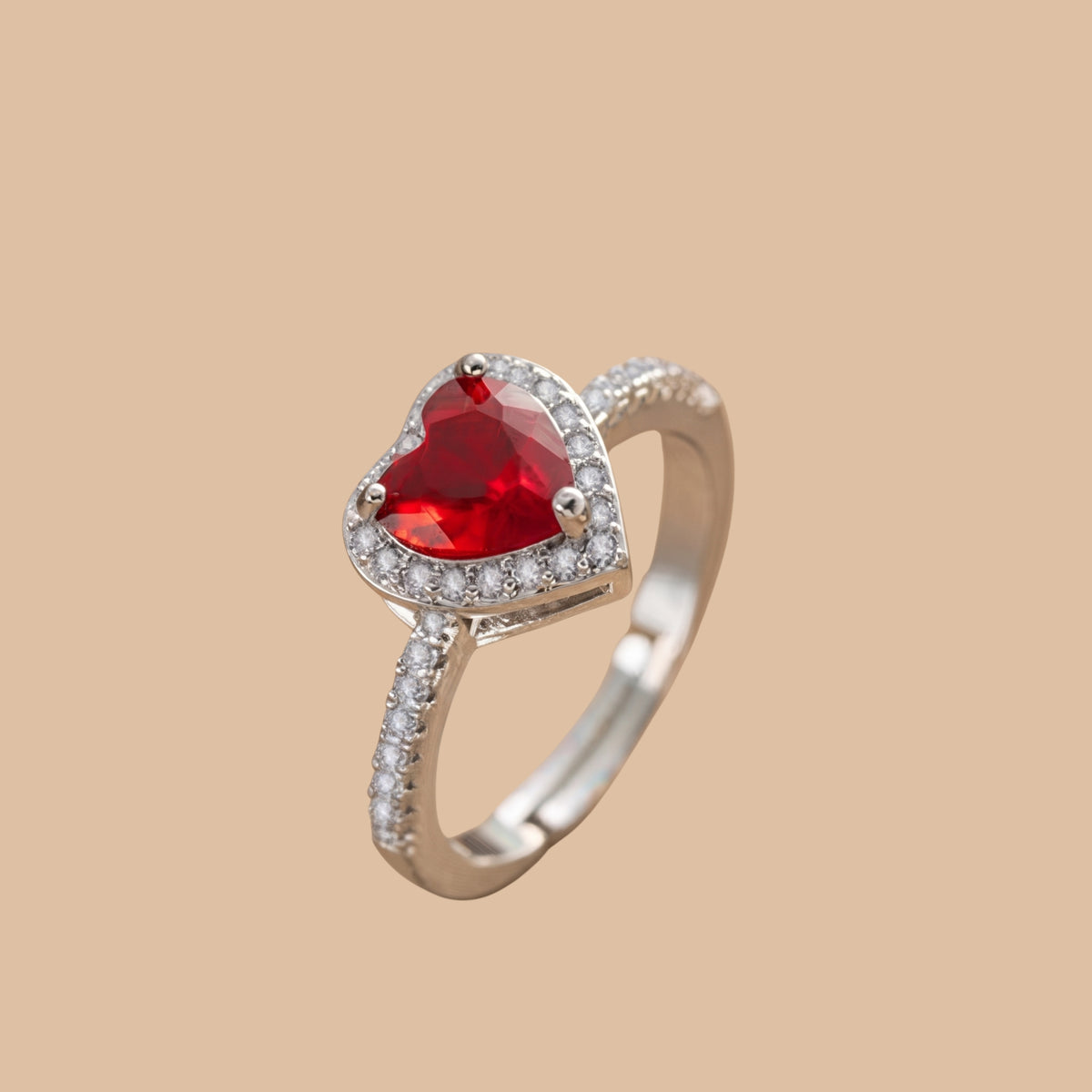Ruby Heart Halo Ring for Women | Anti-Tarnish Adjustable Silver Crystal Ring