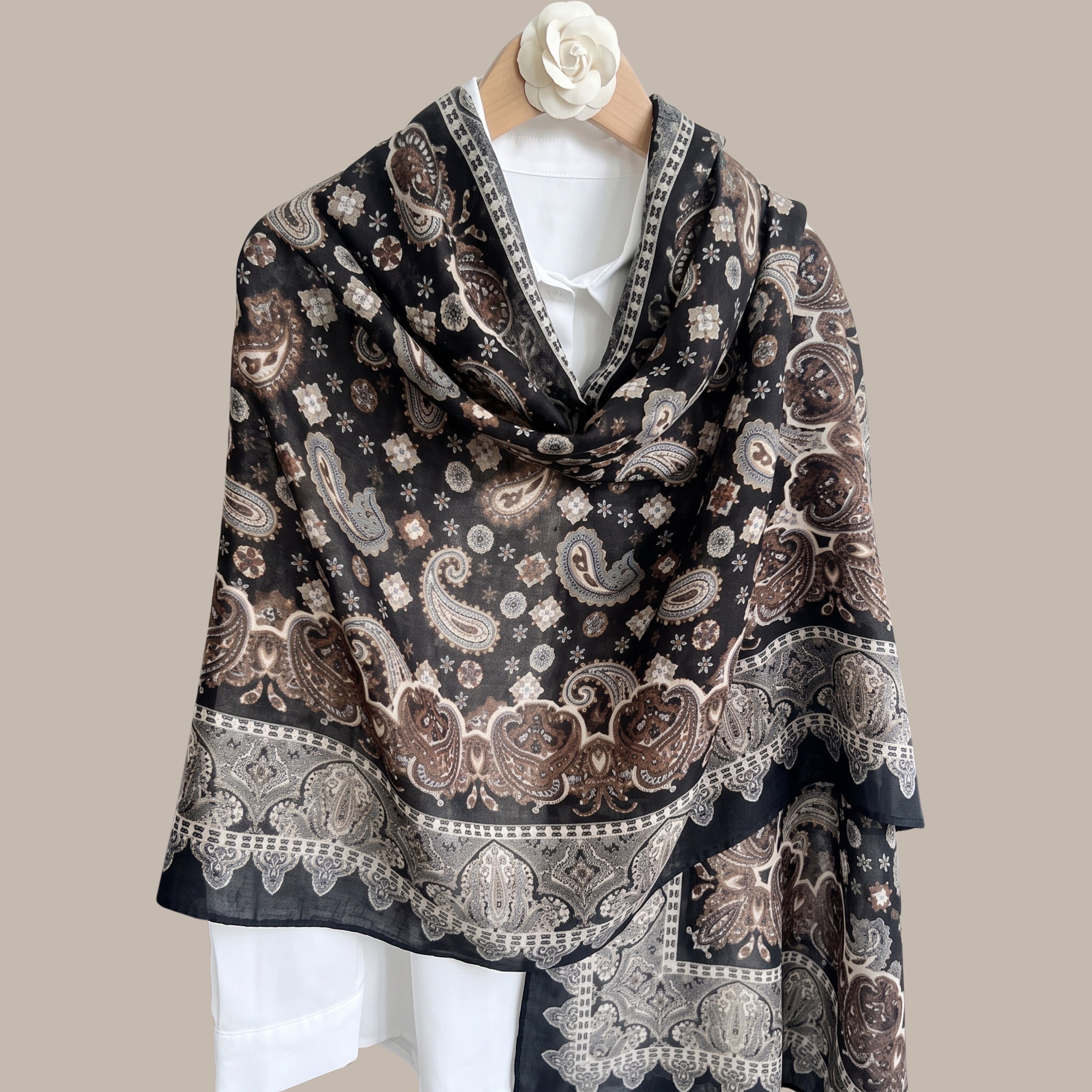 Elegant Black & Brown Paisley Print Women's Scarf | Soft Vintage Korean Style Shawl, Wrap & Stole