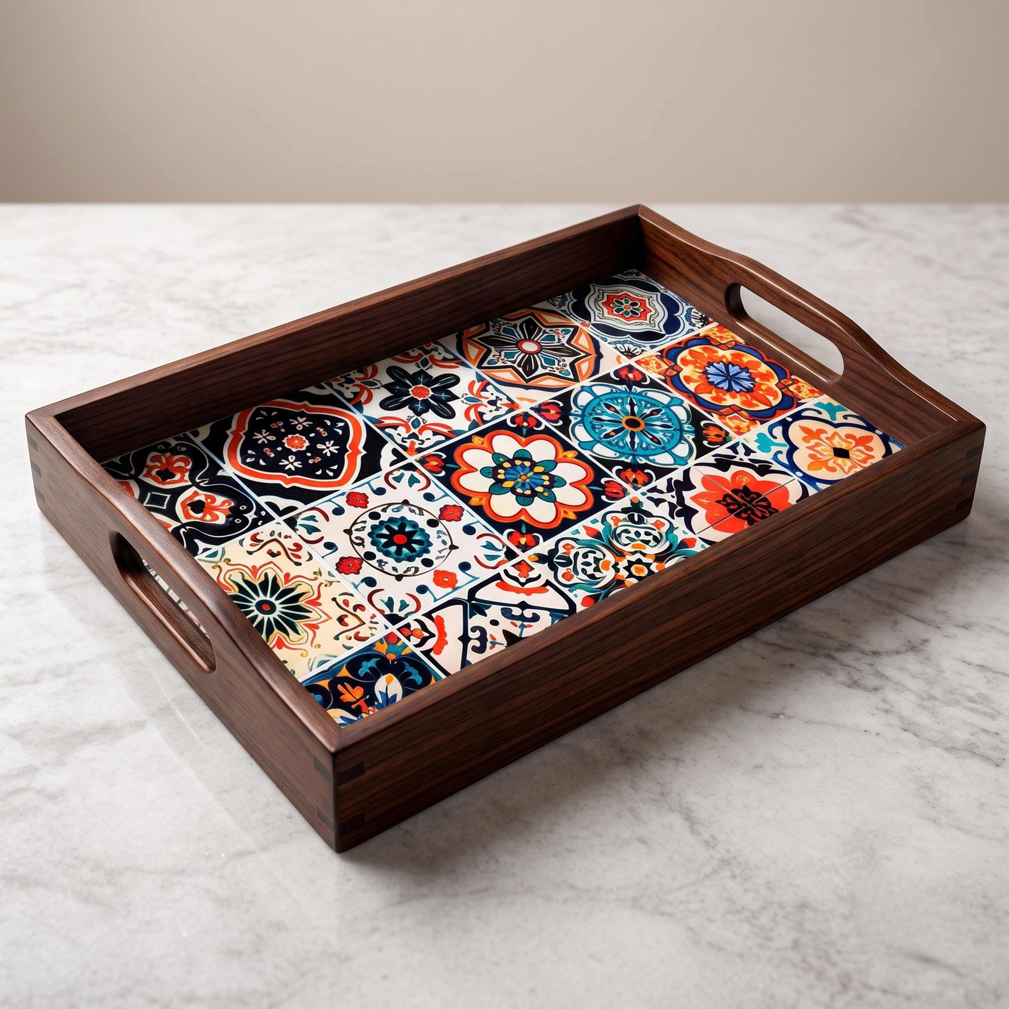 Decorative Wooden Serving Tray – 30x20 cm Brown Wood Tray with Patterned Inlay for Home Decor & Hosting