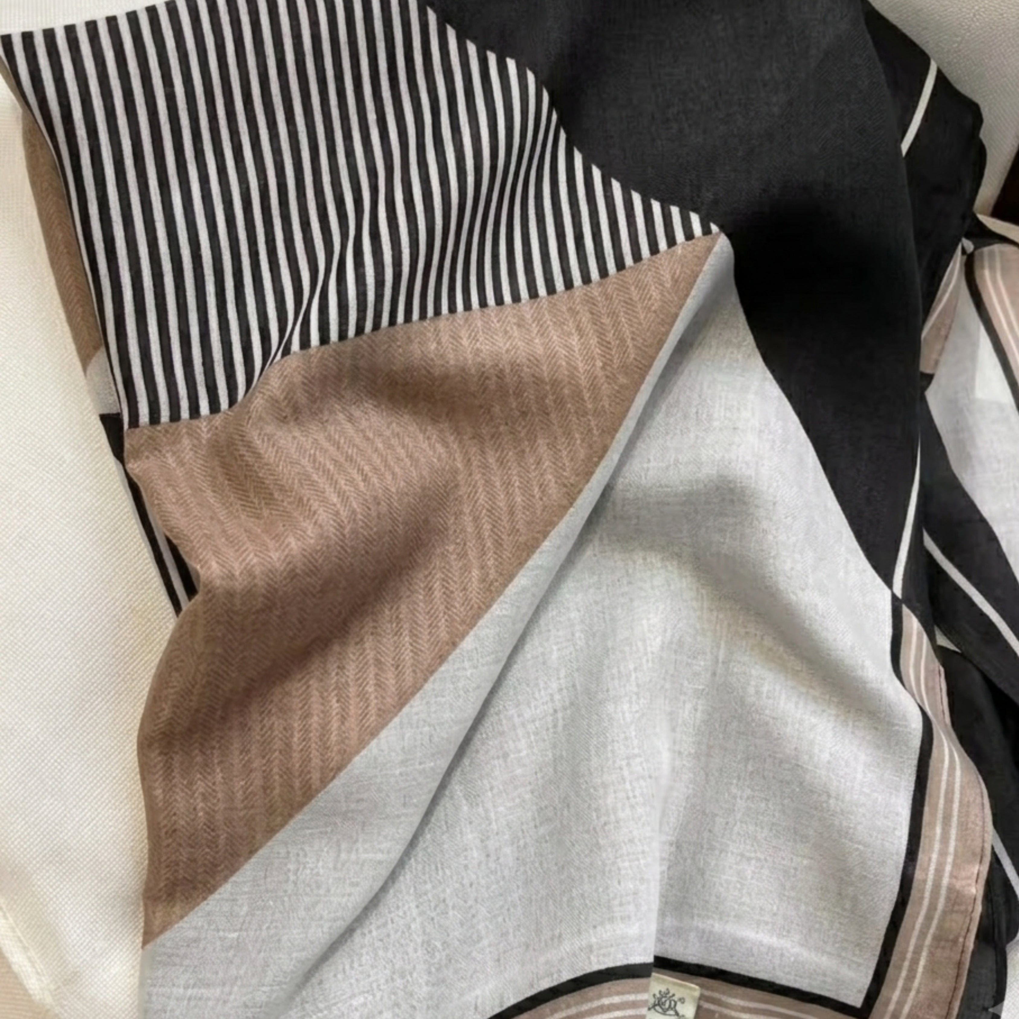 Elegant Black, Beige & Ivory Geometric Women's Scarf | Soft Lightweight Korean Style Shawl & Wrap
