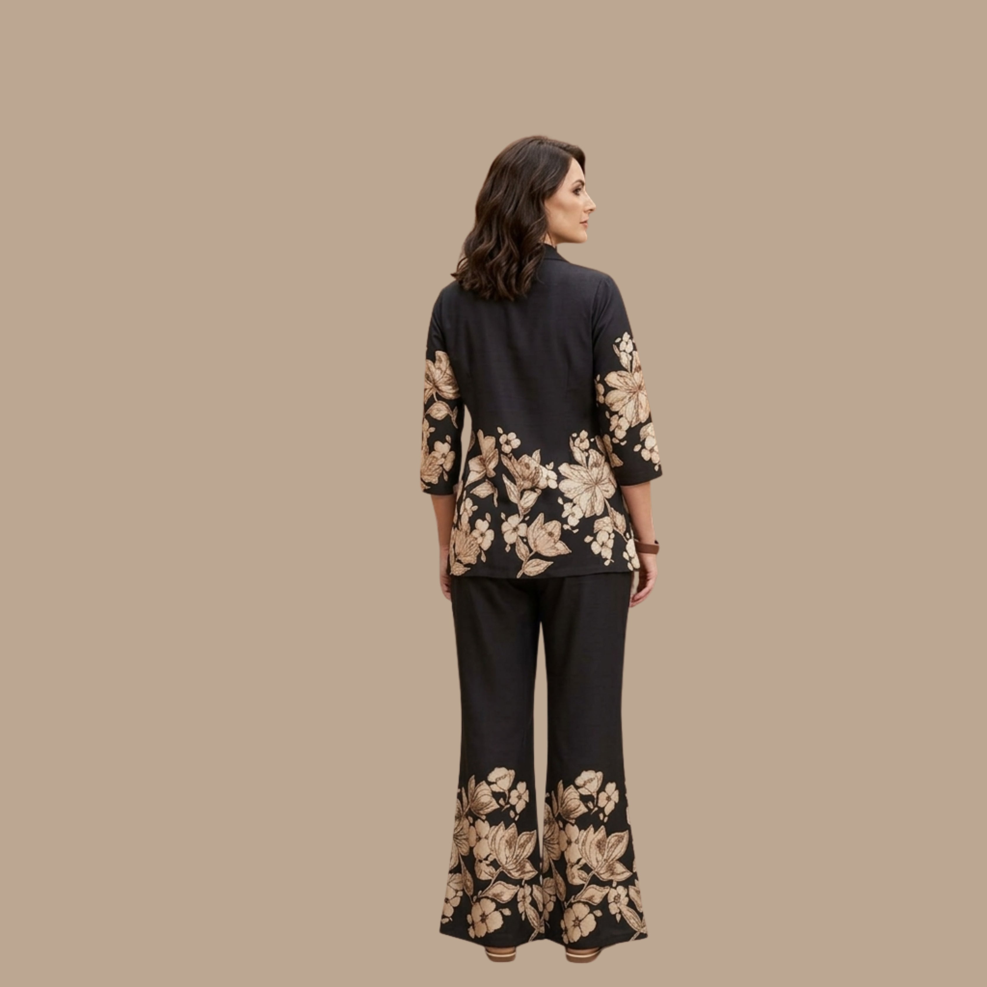 Women's Black Floral Printed Co-Ord Set with Shirt & Flared Pants | Elegant Casual Two Piece Outfit