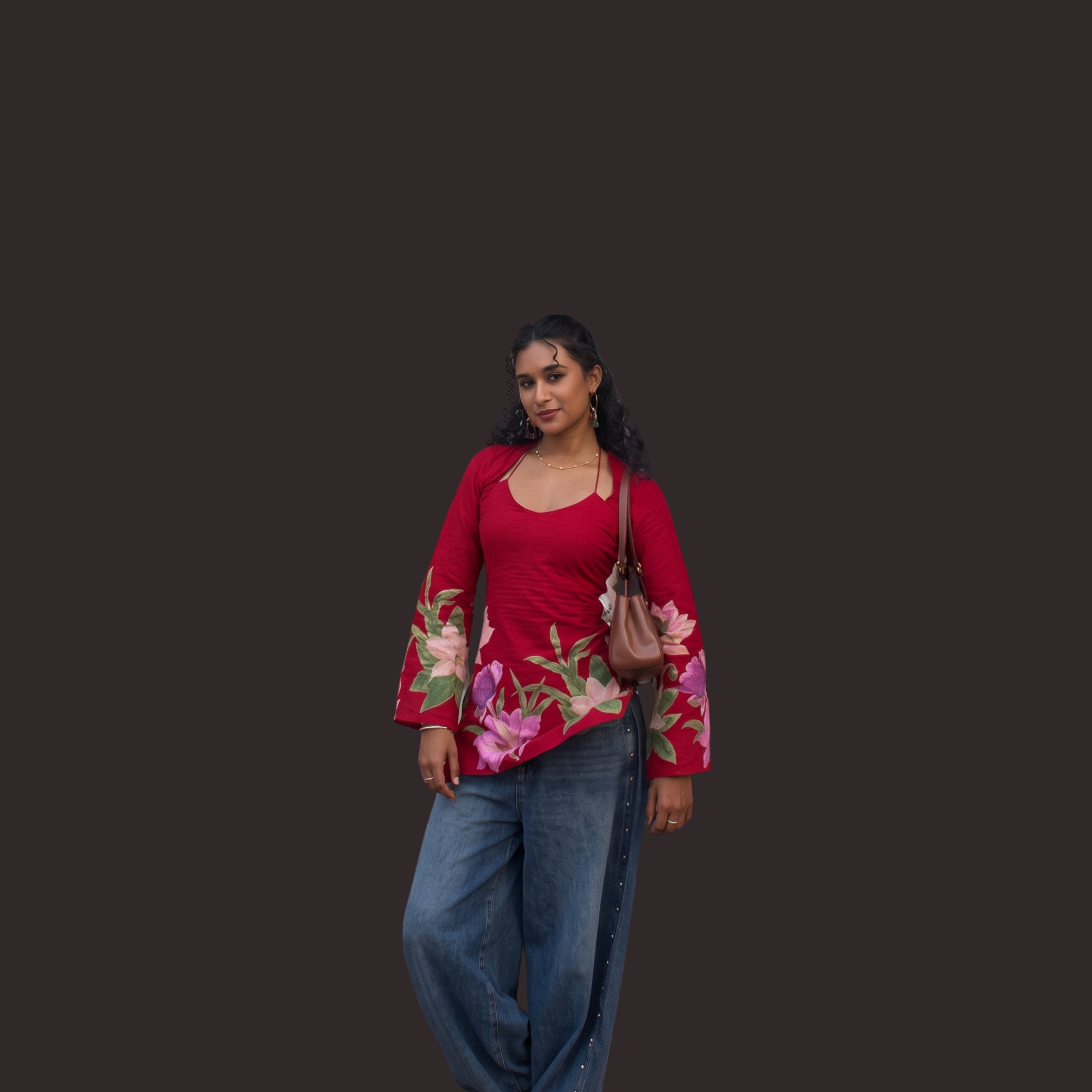 Women's Red Floral Printed Short Kurti | Bell Sleeve Cotton Blend Ethnic Top with Back Tie-Up