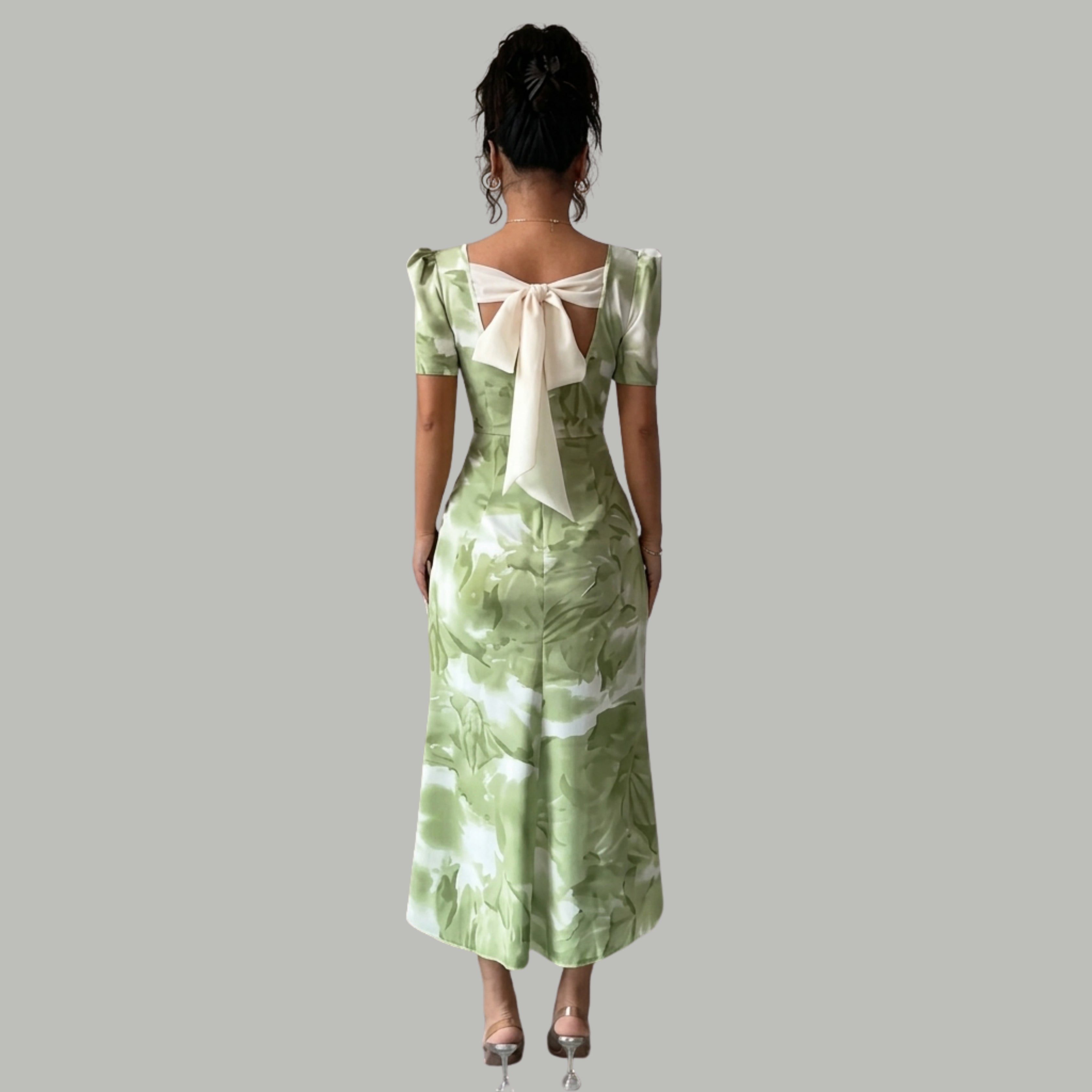 Sage Green Floral Midi Dress with Puff Sleeves & Open Back Bow