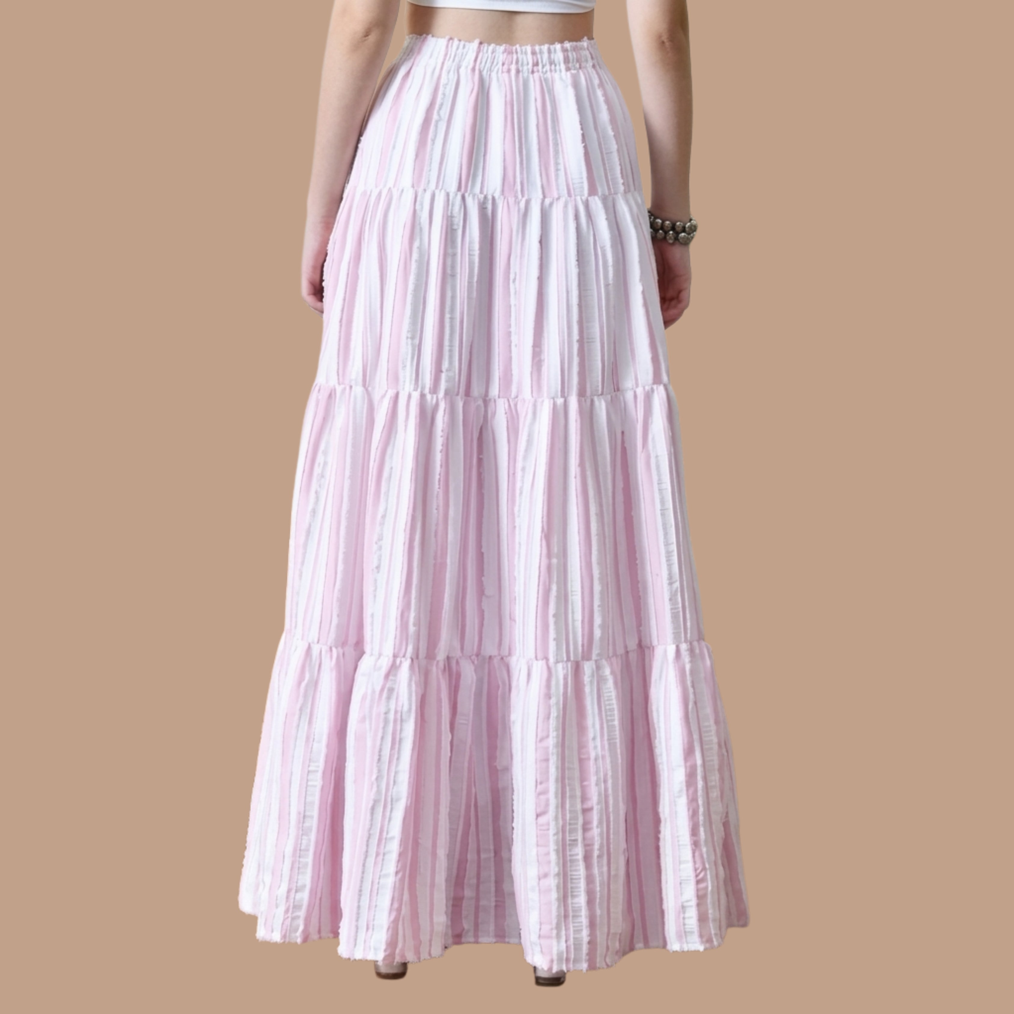 Korean Style Pink Tiered Maxi Skirt for Women | Boho, Soft Girl, and Resort-Wear aesthetic