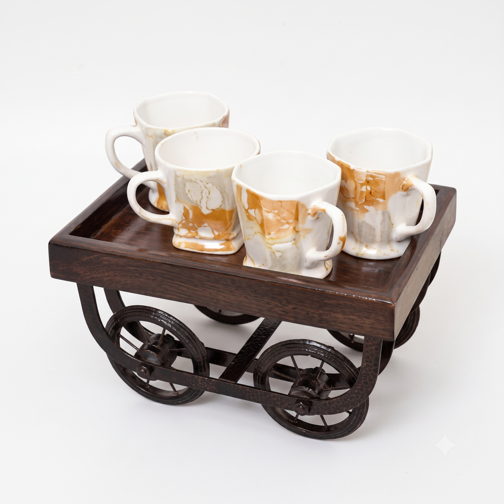 Wooden Cart-Shaped Serving Tray | Rustic Brown Decorative Snack & Tea Platter