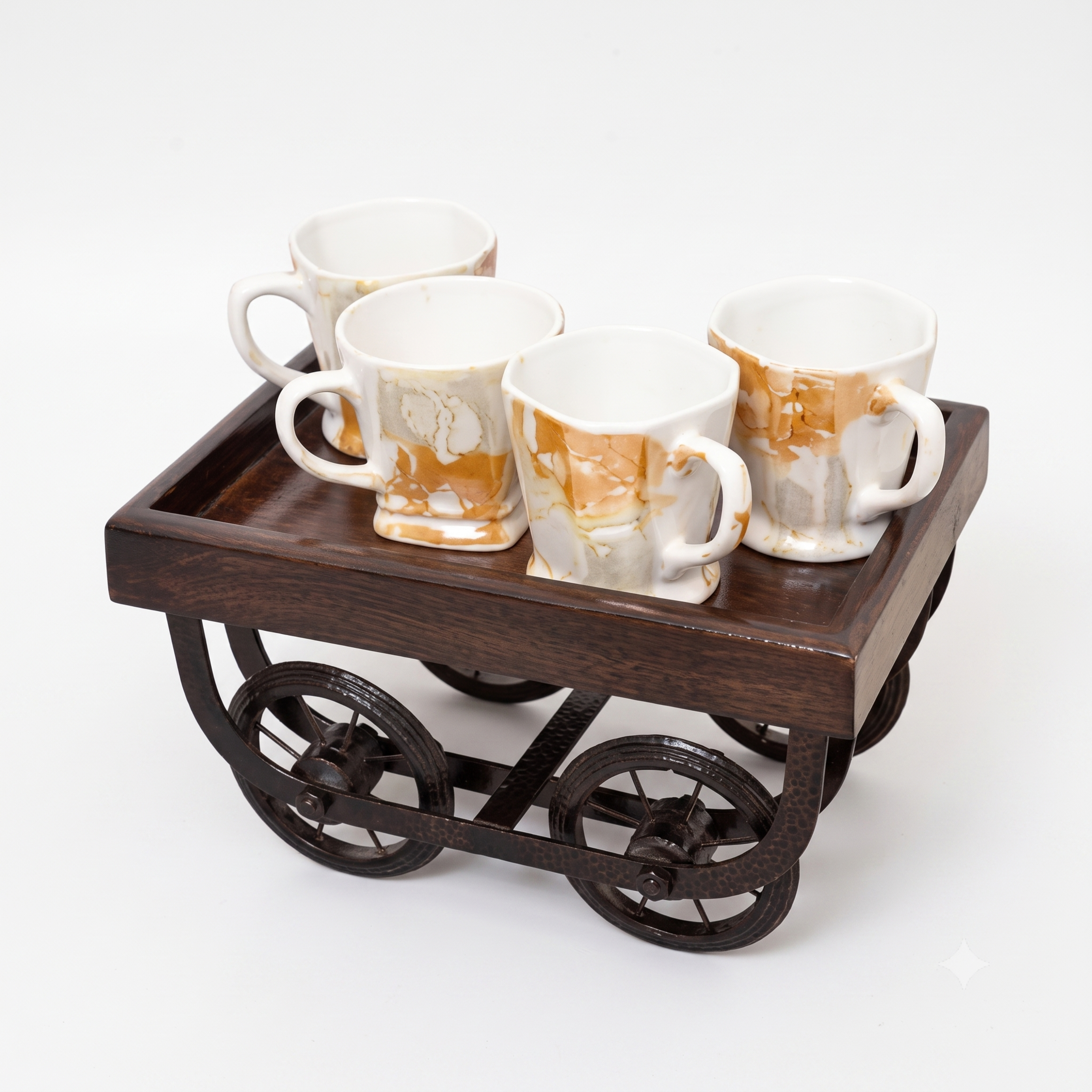 Wooden Cart-Shaped Serving Tray | Rustic Brown Decorative Snack & Tea Platter