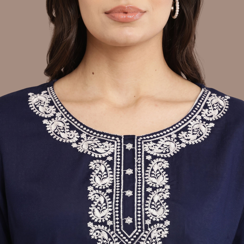 Women's Navy Blue Embroidered Short Kurti | Casual Ethnic Kurti for Women