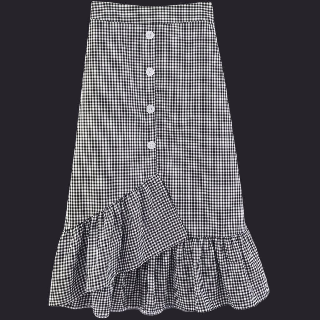 Korean Style Black Gingham Ruffle Midi Skirt for Women | High Waist Checkered Skirt