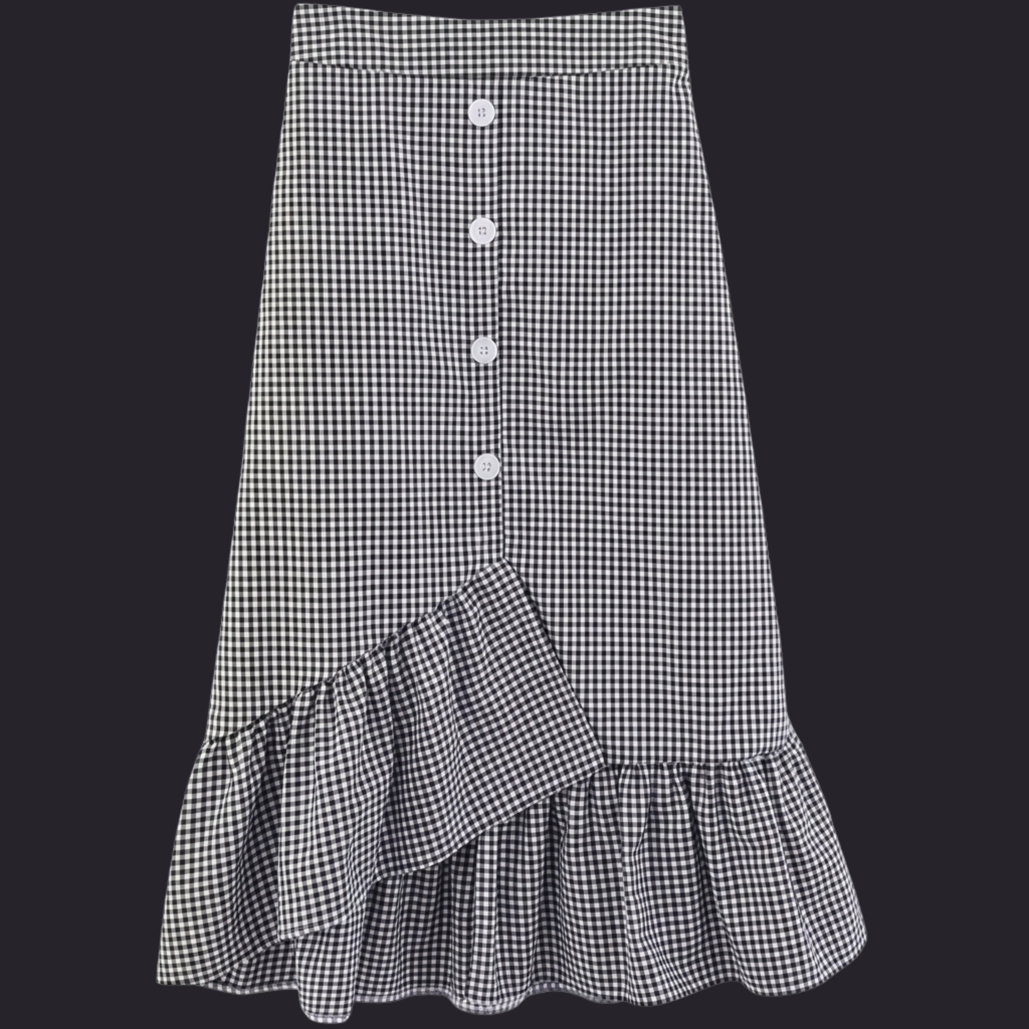 Korean Style Black Gingham Ruffle Midi Skirt for Women | High Waist Checkered Skirt