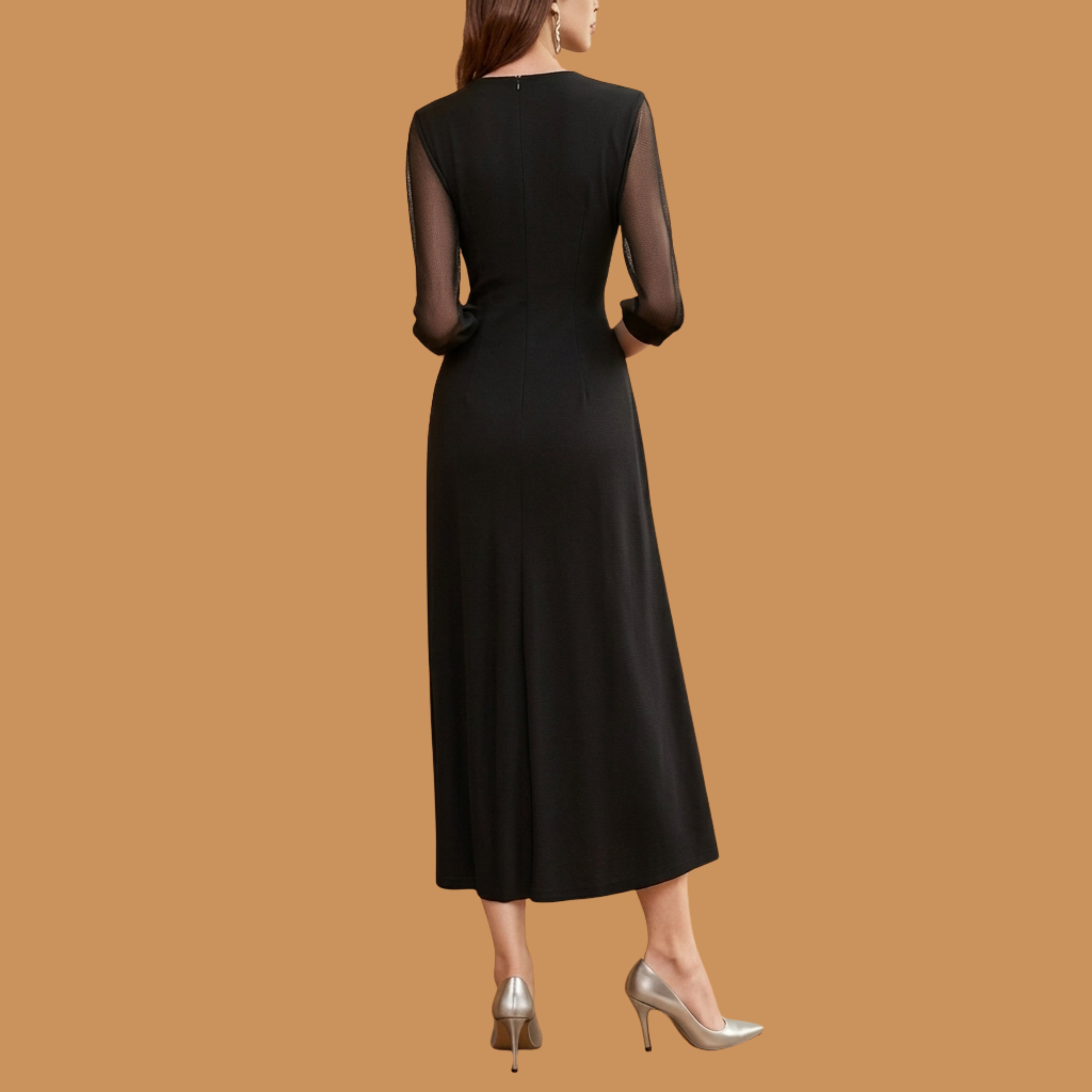 Elegant Black Maxi Dress with Sheer Long Sleeves & V-Neck