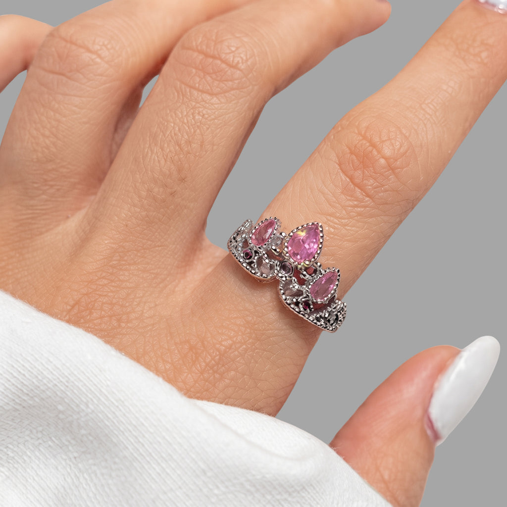 Vintage Pink Crystal Crown Ring for Women | Adjustable Anti-Tarnish Silver Ring