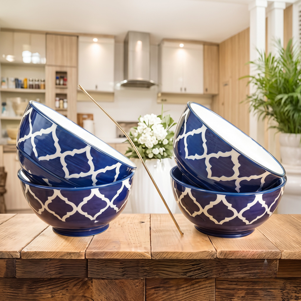 Premium Blue Ceramic Bowl Set (Pack of 4) | 175ml, Microwave Safe & Reusable