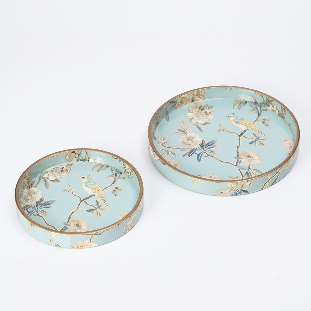 Set of 2 Blue Wooden Serving Trays | 9-Inch Round Decorative Trays with Floral Design