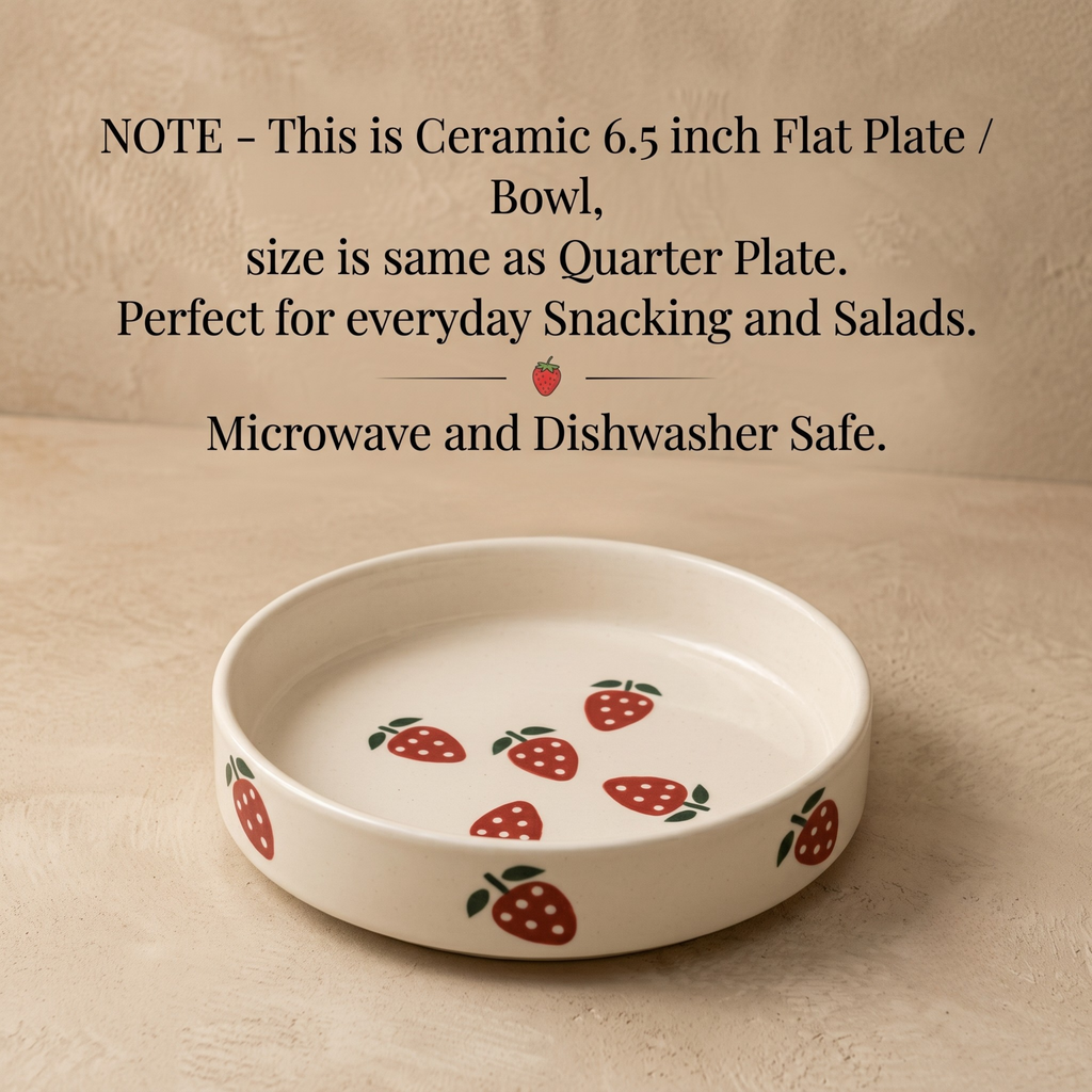 White Ceramic Strawberry Print Flat Plate & Bowl (6.5 Inch) | Microwave Safe Snack Plate
